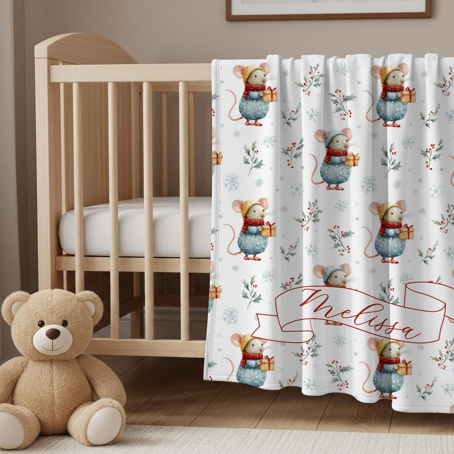 Personalized Christmas Mouse Baby Blanket: Custom Name, Boy or Girl Christmas Gift, Velveteen Plush Blanket, Sherpa Blanket - LAUMIANstudio