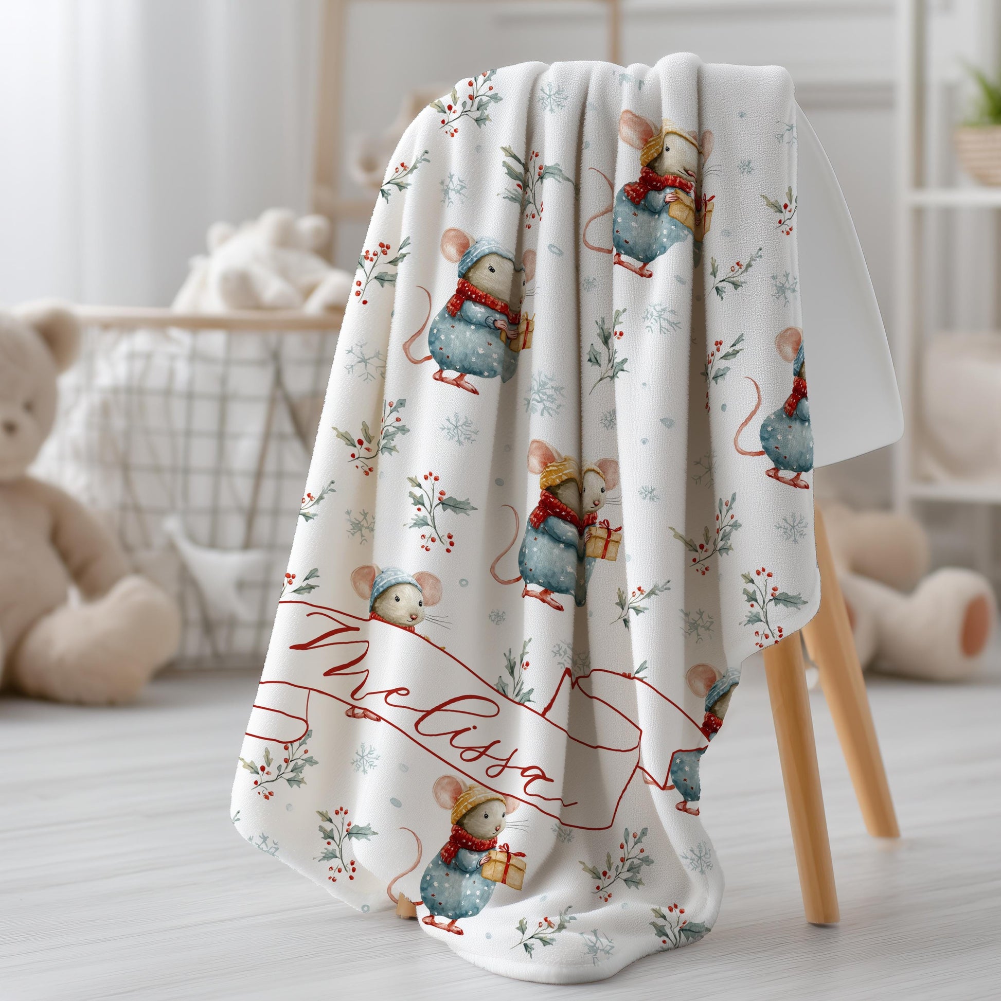 Personalized Christmas Mouse Baby Blanket: Custom Name, Boy or Girl Christmas Gift, Velveteen Plush Blanket, Sherpa Blanket - LAUMIANstudio