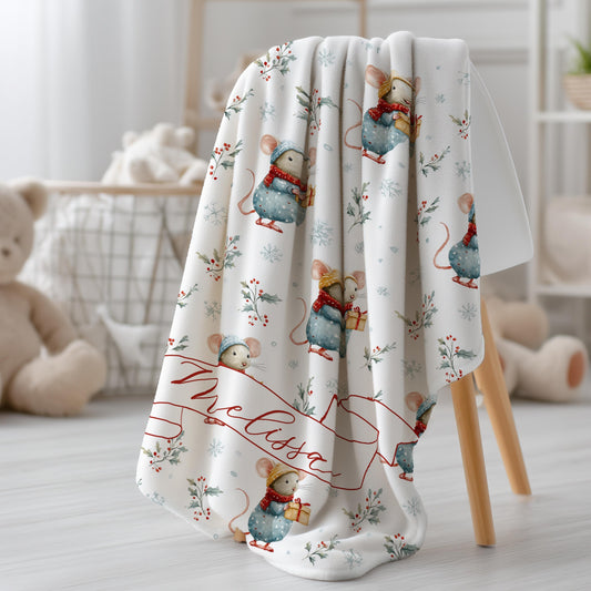 Personalized Christmas Mouse Baby Blanket: Custom Name, Boy or Girl Christmas Gift, Velveteen Plush Blanket, Sherpa Blanket - LAUMIANstudio