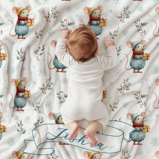 Personalized Christmas Mouse Baby Blanket: Custom Name, Boy or Girl Christmas Gift, Velveteen Plush Blanket, Sherpa Blanket - LAUMIANstudio