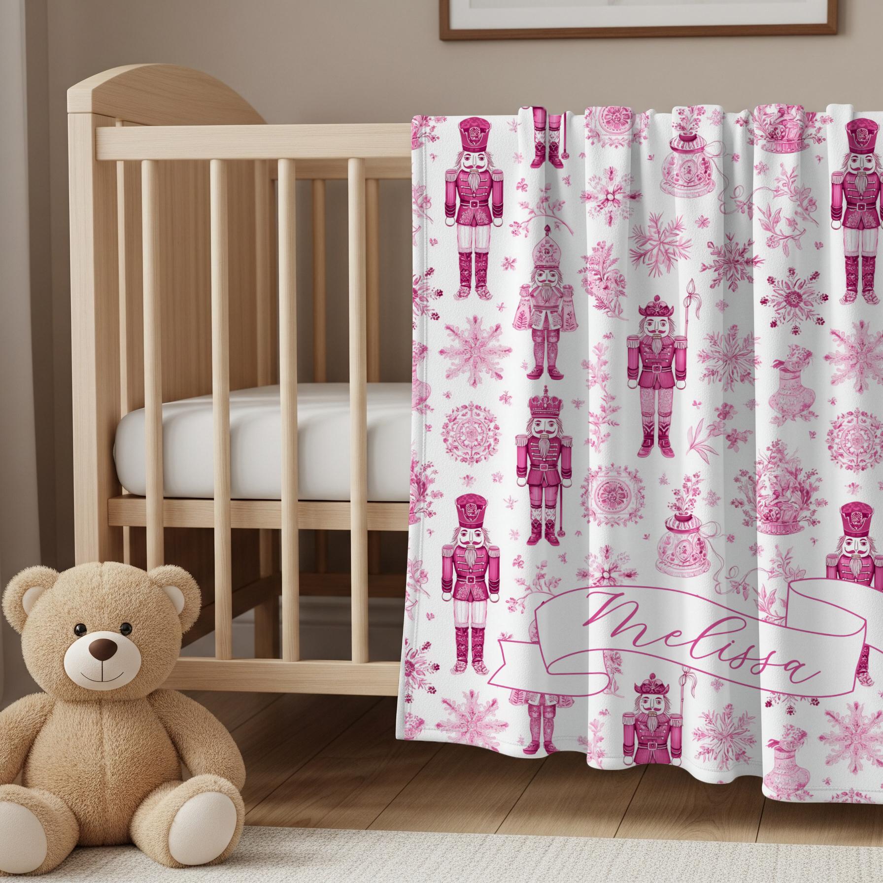 Pink Toile Nutcracker Baby Blanket Personalized Baby Girl Christmas Blanket 1st Christmas Gift for Granddaughter Custom Nutcracker Throw - LAUMIANstudio