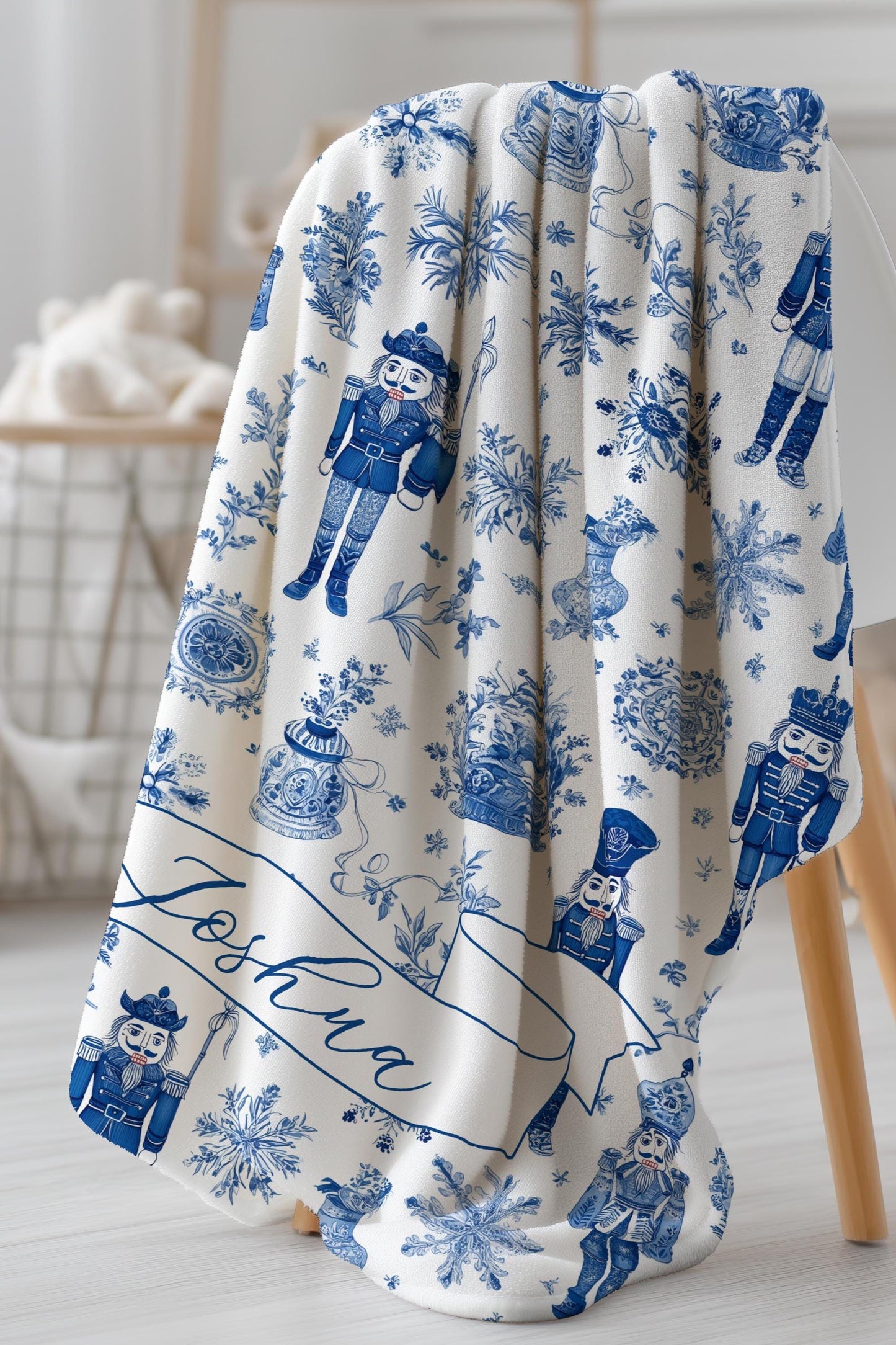 Blue Toile Nutcracker Baby Blanket Personalized Baby Boy Christmas Blanket 1st Christmas Gift for Grandson Personalized Nutcracker Blanket - LAUMIANstudio