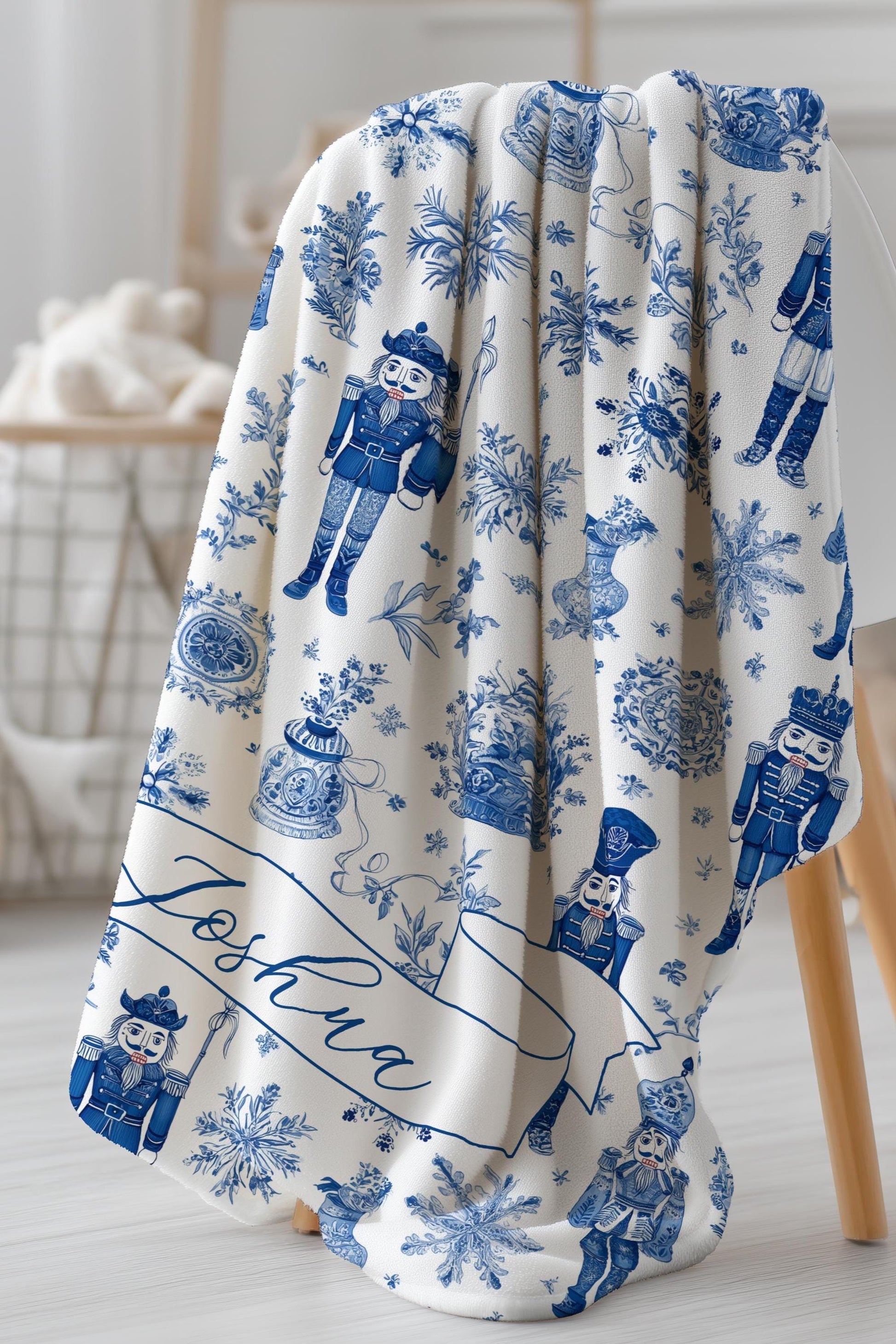 Blue Toile Nutcracker Baby Blanket Personalized Baby Boy Christmas Blanket 1st Christmas Gift for Grandson Personalized Nutcracker Blanket - LAUMIANstudio