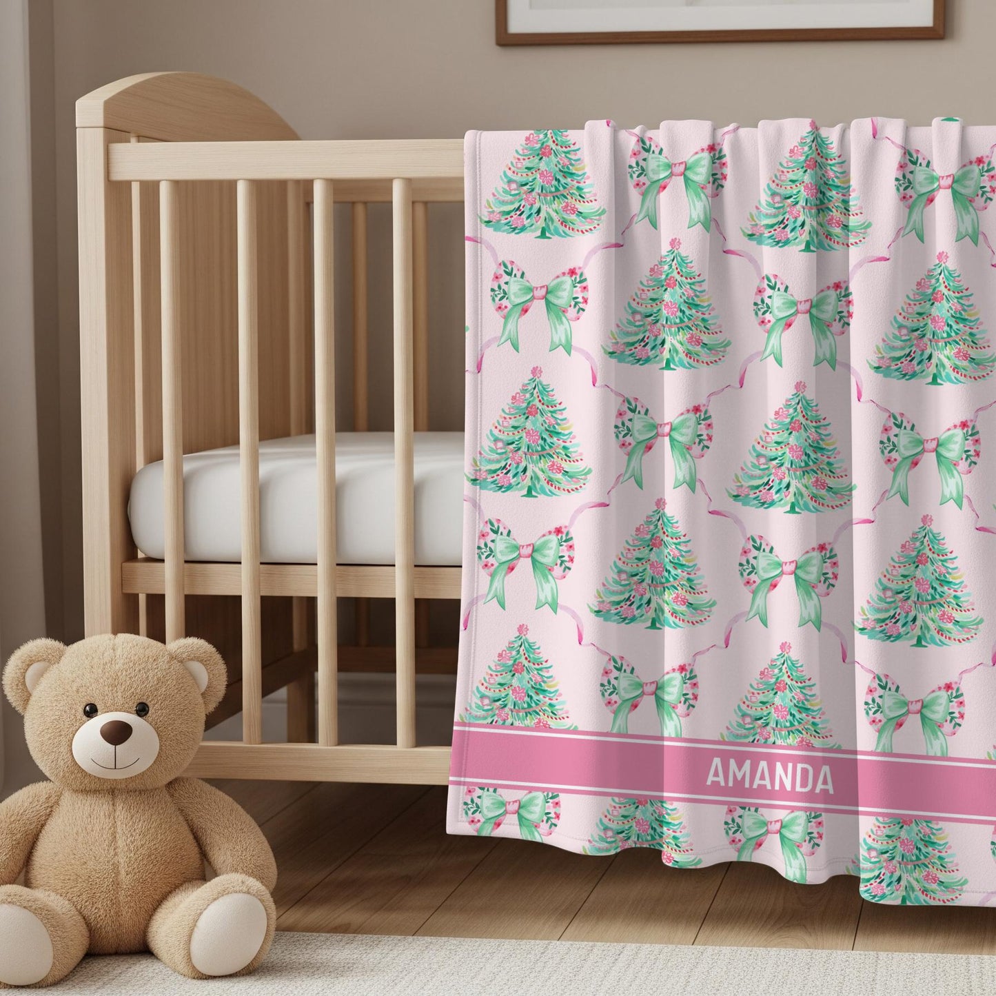 Preppy Christmas Girly Blanket Holiday Mint Pink Minky Blanket Personalized Pink Festive Home Decor Preppy Bow Christmas Sherpa Blanket - LAUMIANstudio