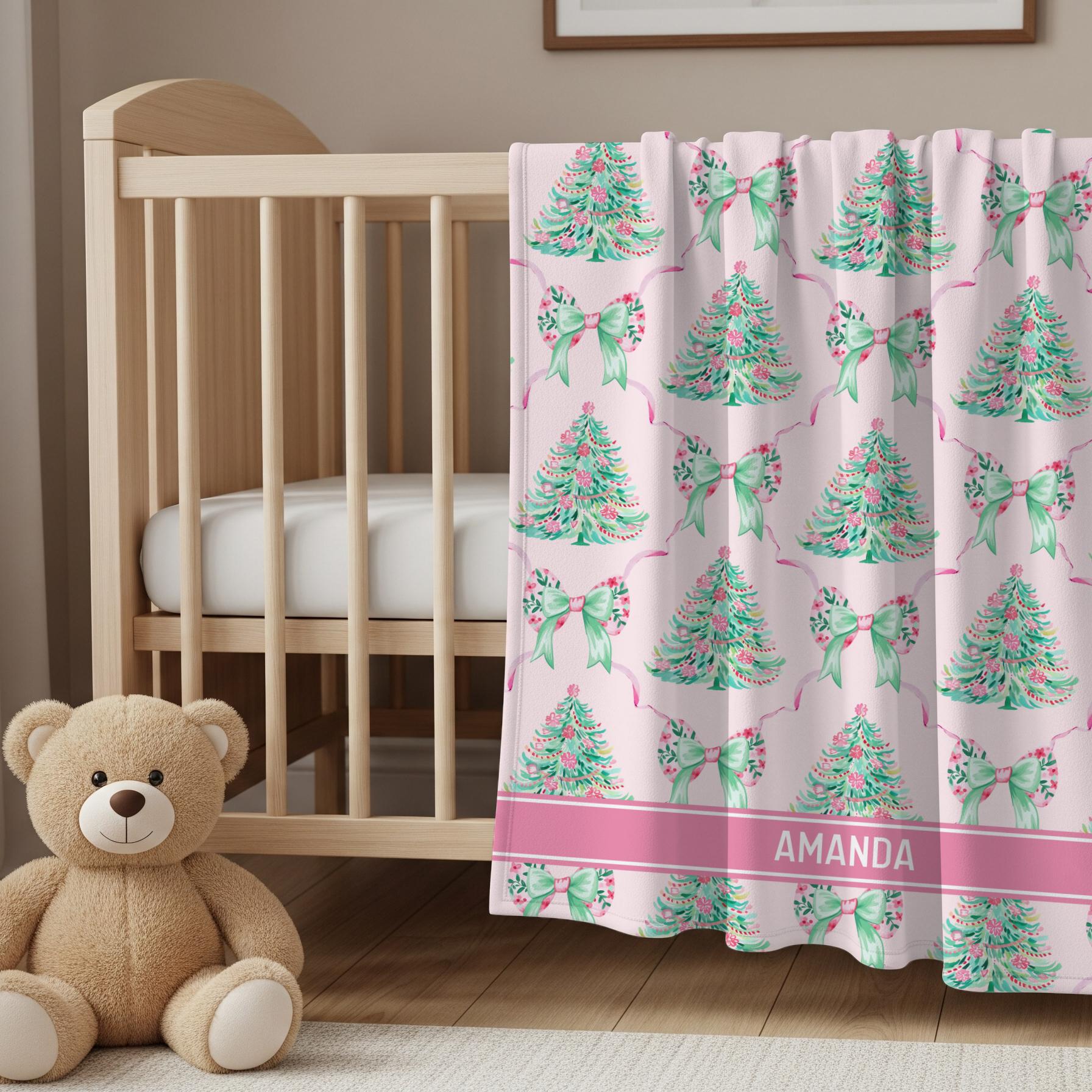 Preppy Christmas Girly Blanket Holiday Mint Pink Minky Blanket Personalized Pink Festive Home Decor Preppy Bow Christmas Sherpa Blanket - LAUMIANstudio