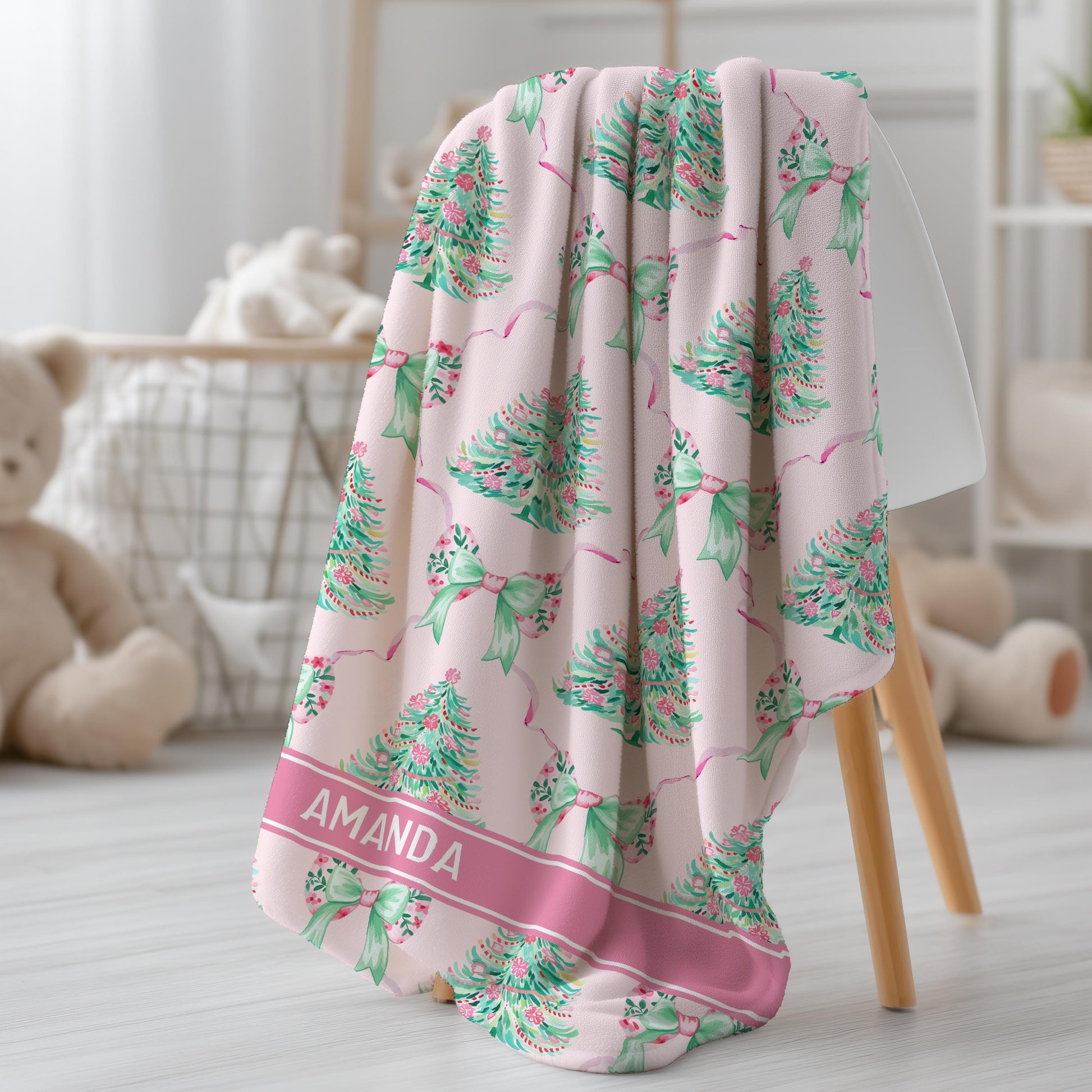 Personalized Pink Christmas Blanket for Baby Girl 1st Christmas Throw Blanket Baby Name Pink Blanket Santa Baby Girl Shower Gift Pink Bow - LAUMIANstudio