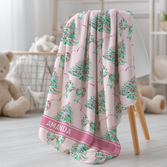Personalized Pink Christmas Blanket for Baby Girl 1st Christmas Throw Blanket Baby Name Pink Blanket Santa Baby Girl Shower Gift Pink Bow - LAUMIANstudio