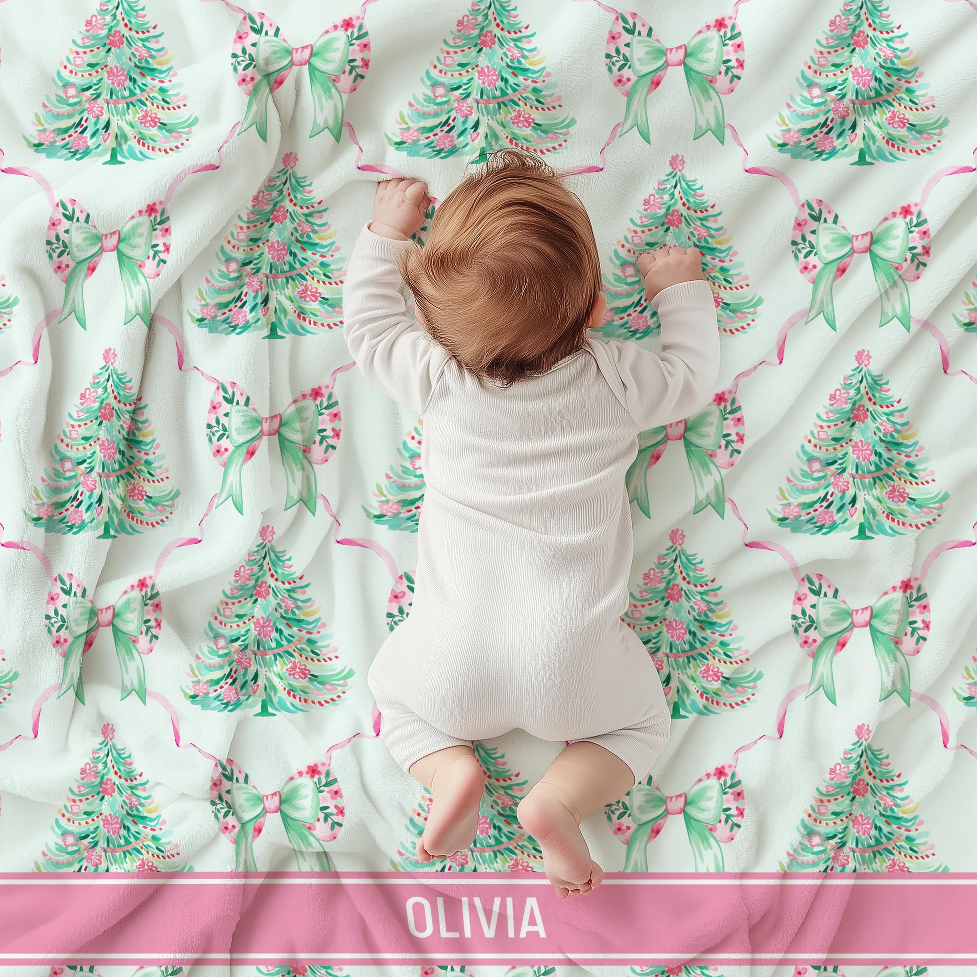 Personalized Pink Christmas Blanket for Baby Girl 1st Christmas Throw Blanket Baby Name Pink Blanket Santa Baby Girl Shower Gift Pink Bow - LAUMIANstudio