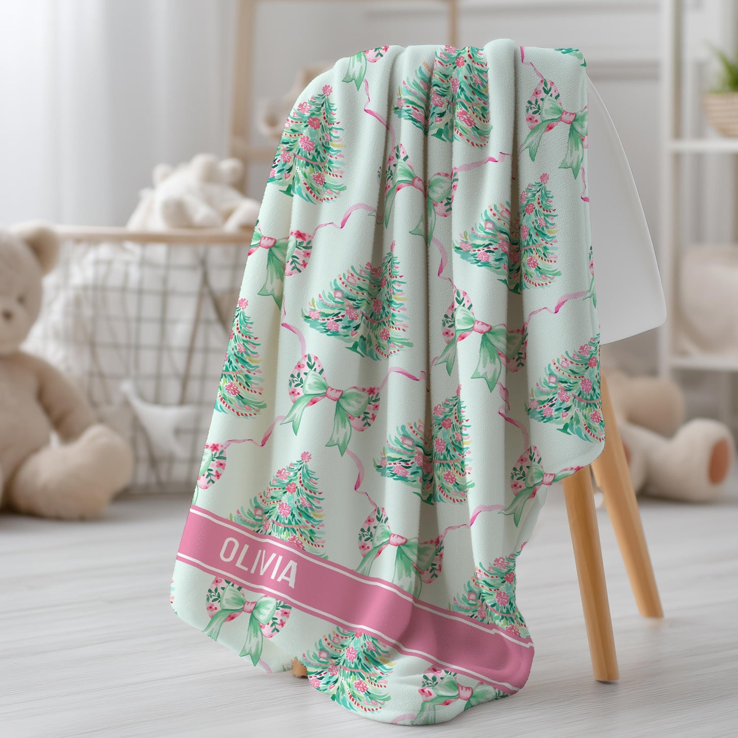 Preppy Christmas Girly Blanket Holiday Mint Pink Minky Blanket Personalized Pink Festive Home Decor Preppy Bow Christmas Sherpa Blanket - LAUMIANstudio