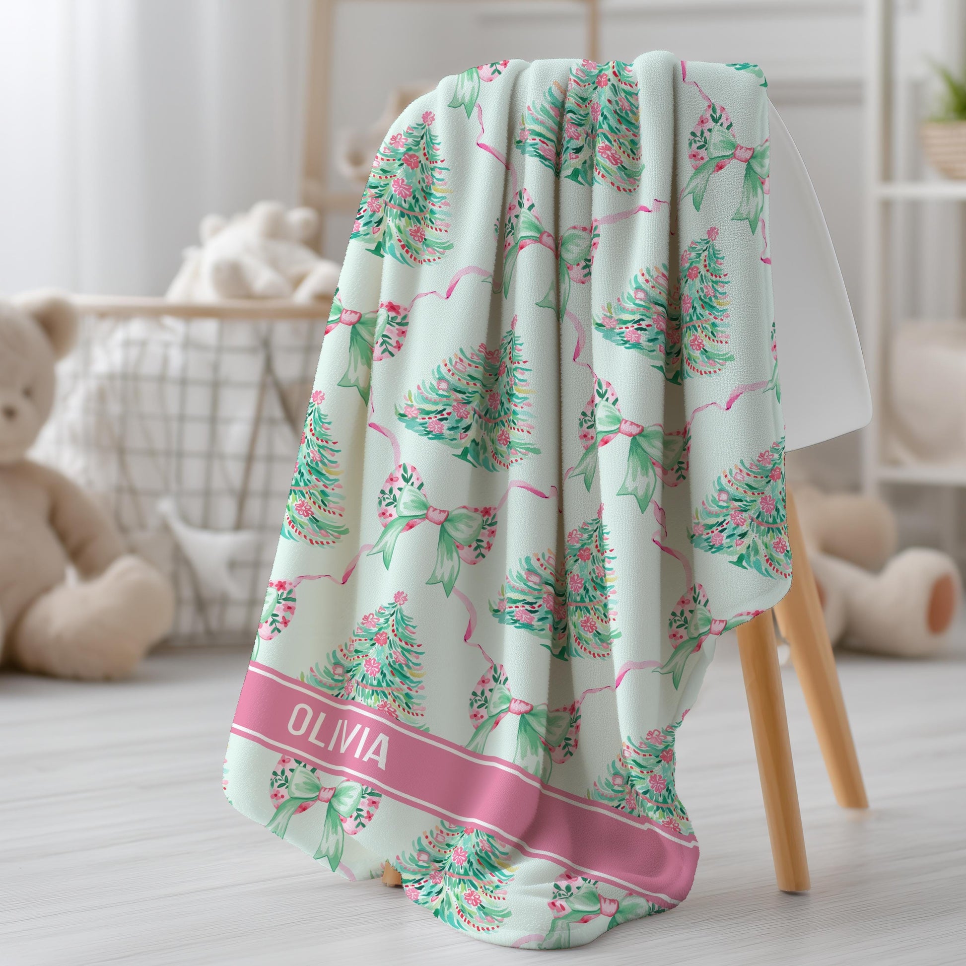 Preppy Christmas Girly Blanket Holiday Mint Pink Minky Blanket Personalized Pink Festive Home Decor Preppy Bow Christmas Sherpa Blanket - LAUMIANstudio