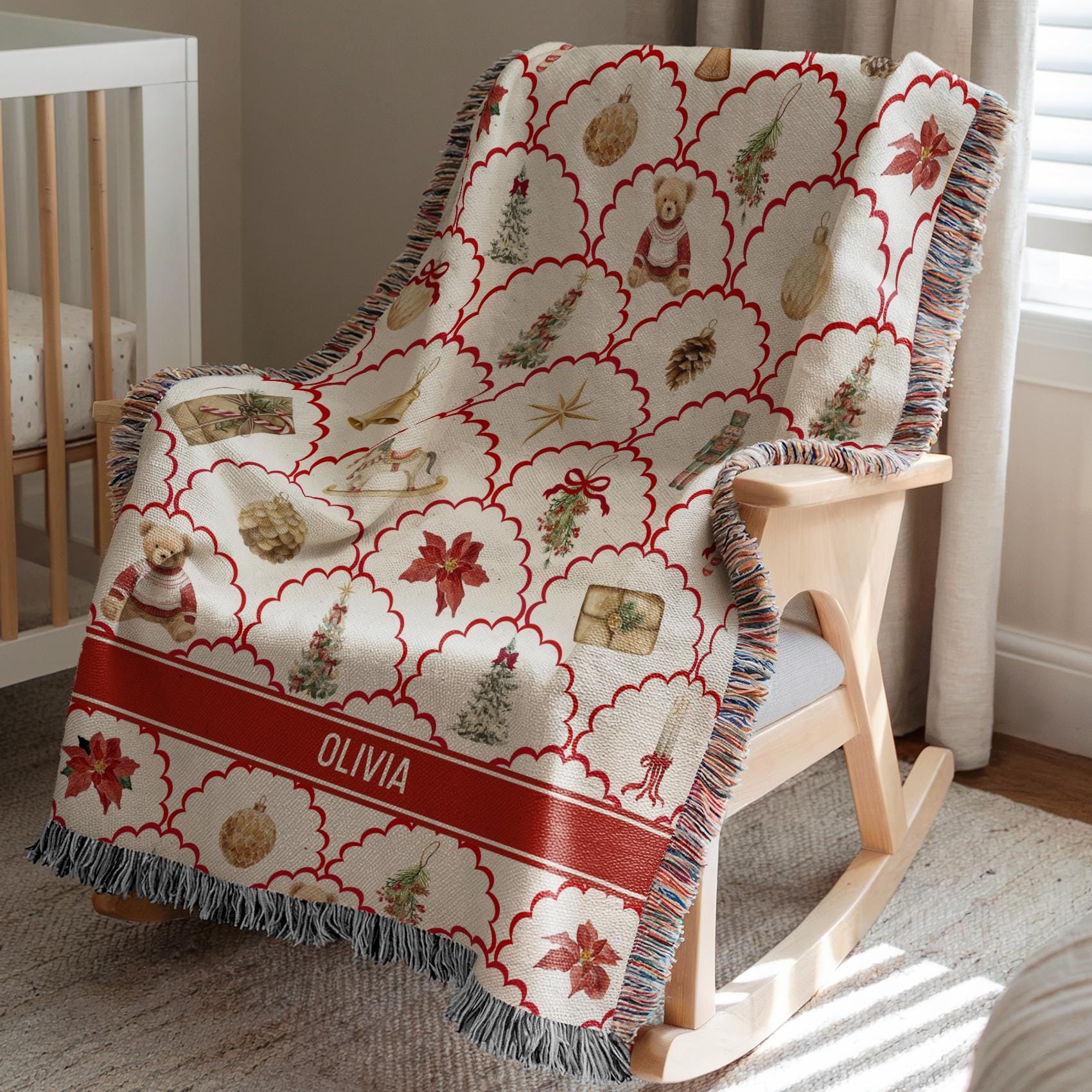 Vintage Christmas Woven Blanket Classic Christmas Throw Personalized Christmas Family Name Throw Blanket Kid 1st Christmas Baby Blanket - LAUMIANstudio