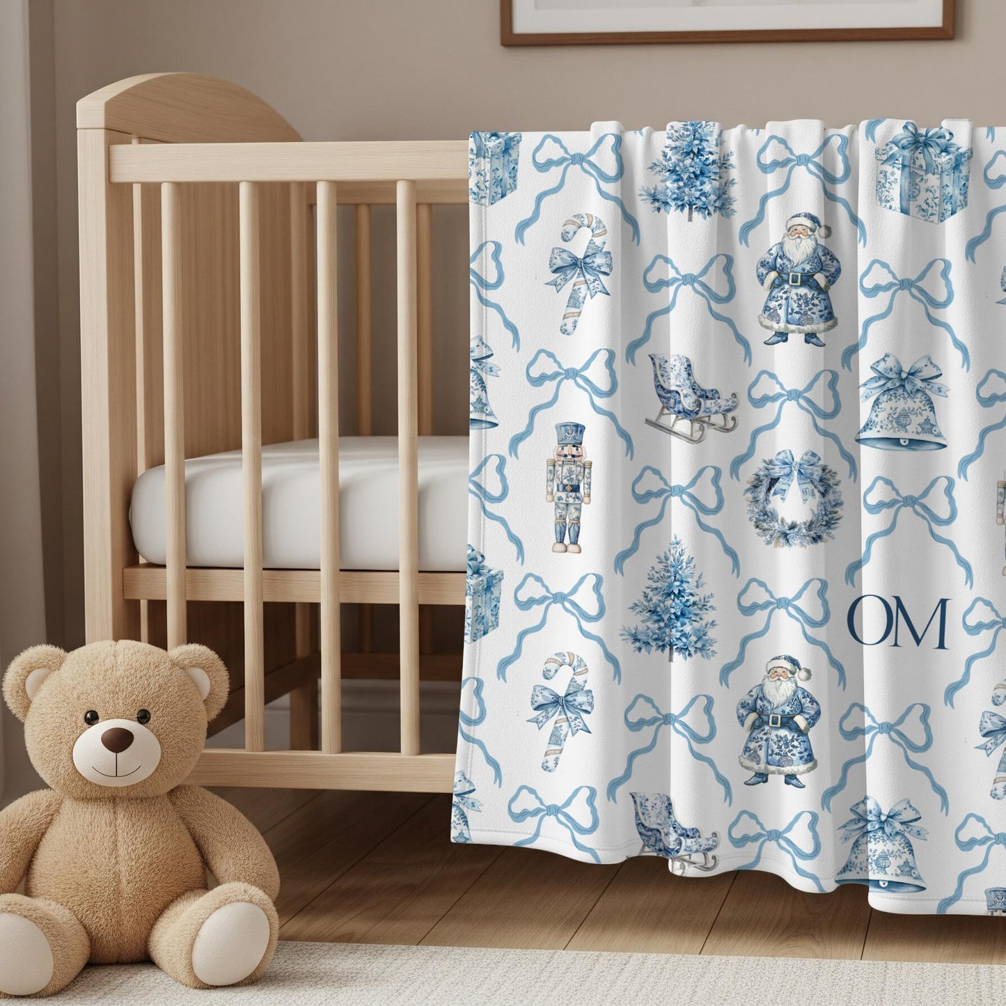 Nutcracker Baby Name Woven Blanket for Boy Blue Christmas Nursery Decor Winter Baby Shower Gift Blue Santa Baby Gift 1st Birthday Blanket - LAUMIANstudio