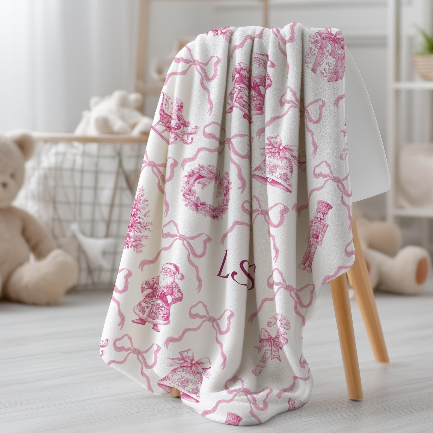 Personalized Pink Nutcracker Baby Blanket Girly Holiday Minky Blanket for Girl Christmas Gift with Santa Baby Shower Gift with Initials - LAUMIANstudio
