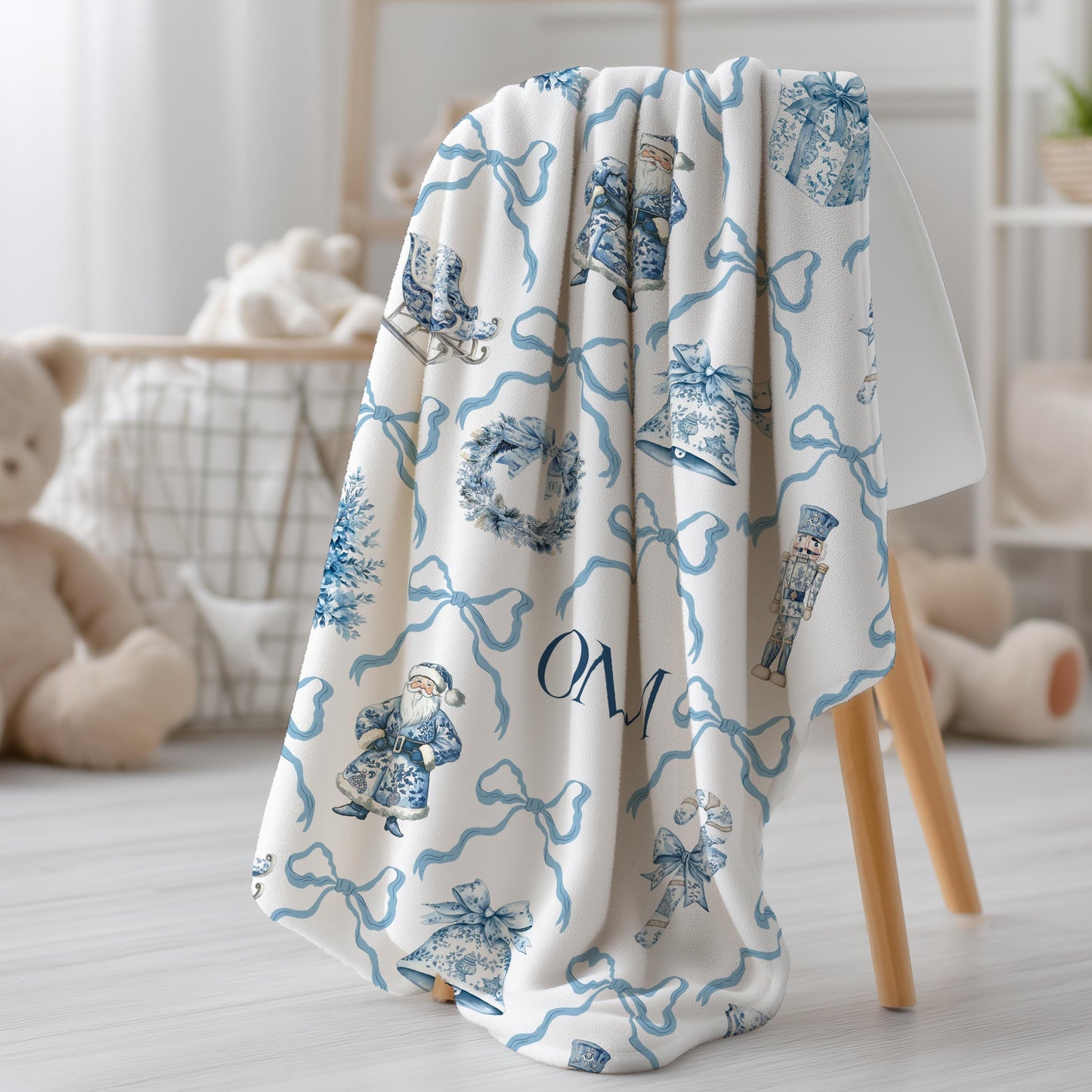 Personalized Blue Christmas Baby Blanket Nutcracker Holiday Minky Blanket for Boy Christmas Gift with Santa Baby Shower Gift with Initials - LAUMIANstudio