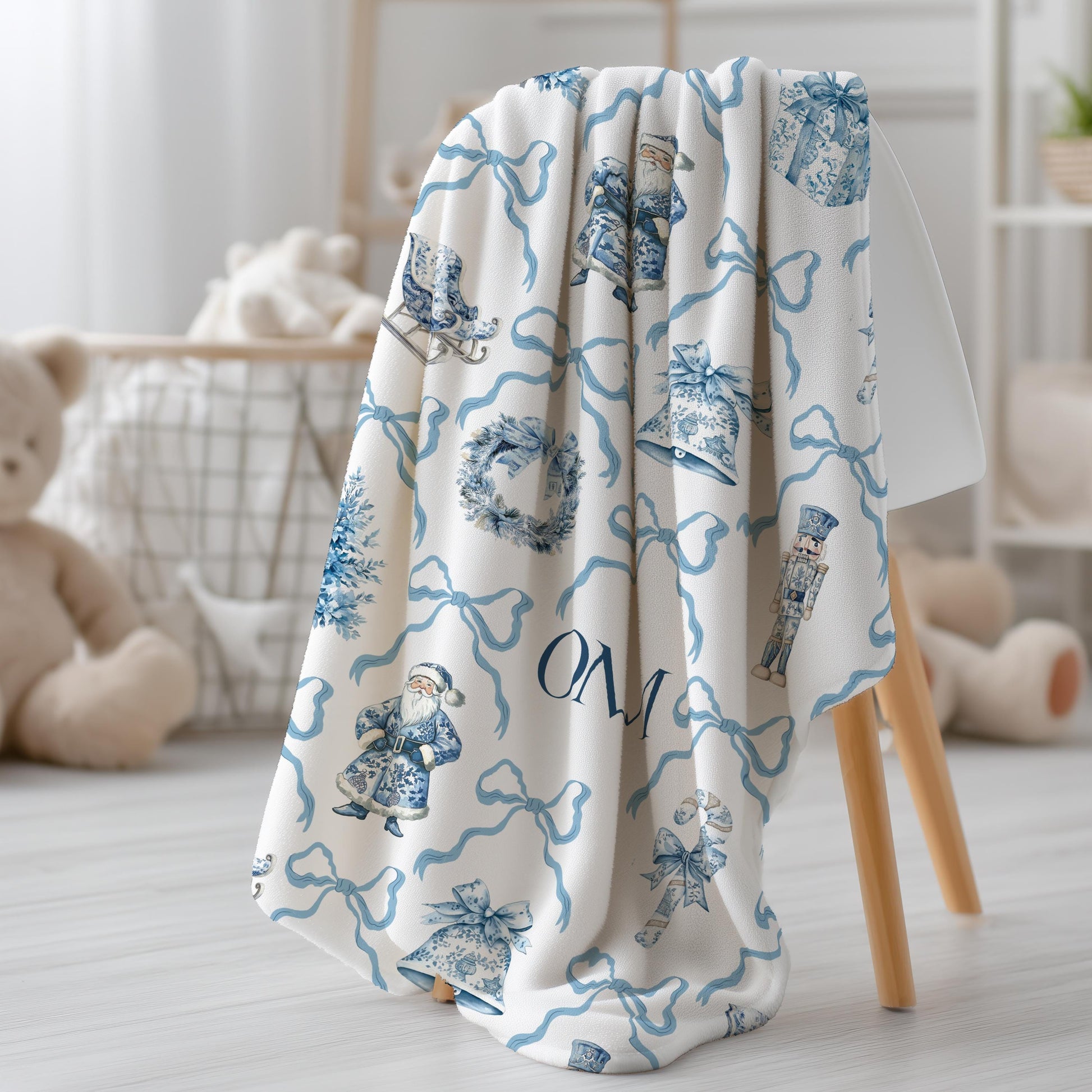 Personalized Blue Christmas Baby Blanket Nutcracker Holiday Minky Blanket for Boy Christmas Gift with Santa Baby Shower Gift with Initials - LAUMIANstudio
