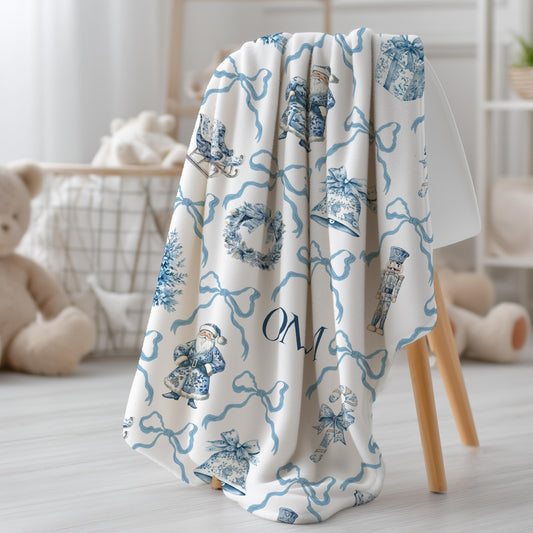 Personalized Blue Christmas Baby Blanket Nutcracker Holiday Minky Blanket for Boy Christmas Gift with Santa Baby Shower Gift with Initials - LAUMIANstudio
