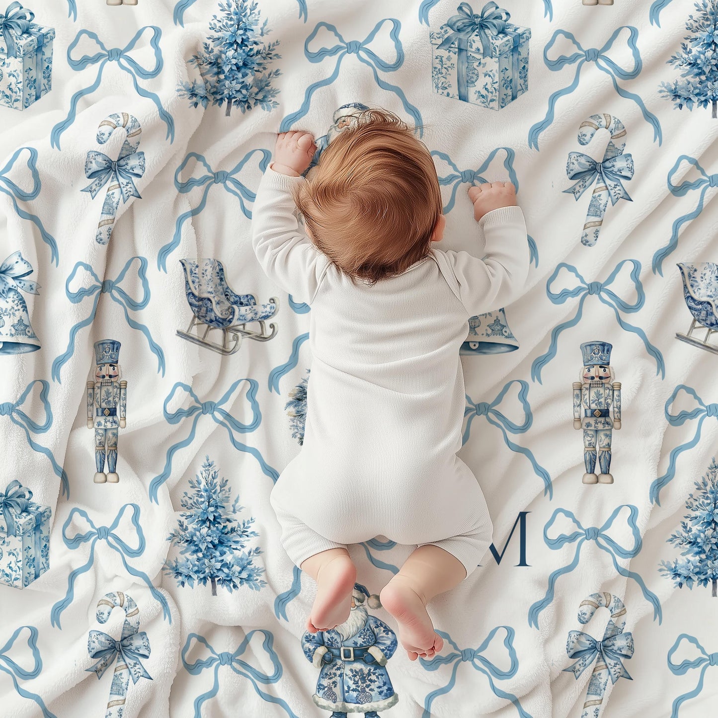 Personalized Blue Christmas Baby Blanket Nutcracker Holiday Minky Blanket for Boy Christmas Gift with Santa Baby Shower Gift with Initials - LAUMIANstudio