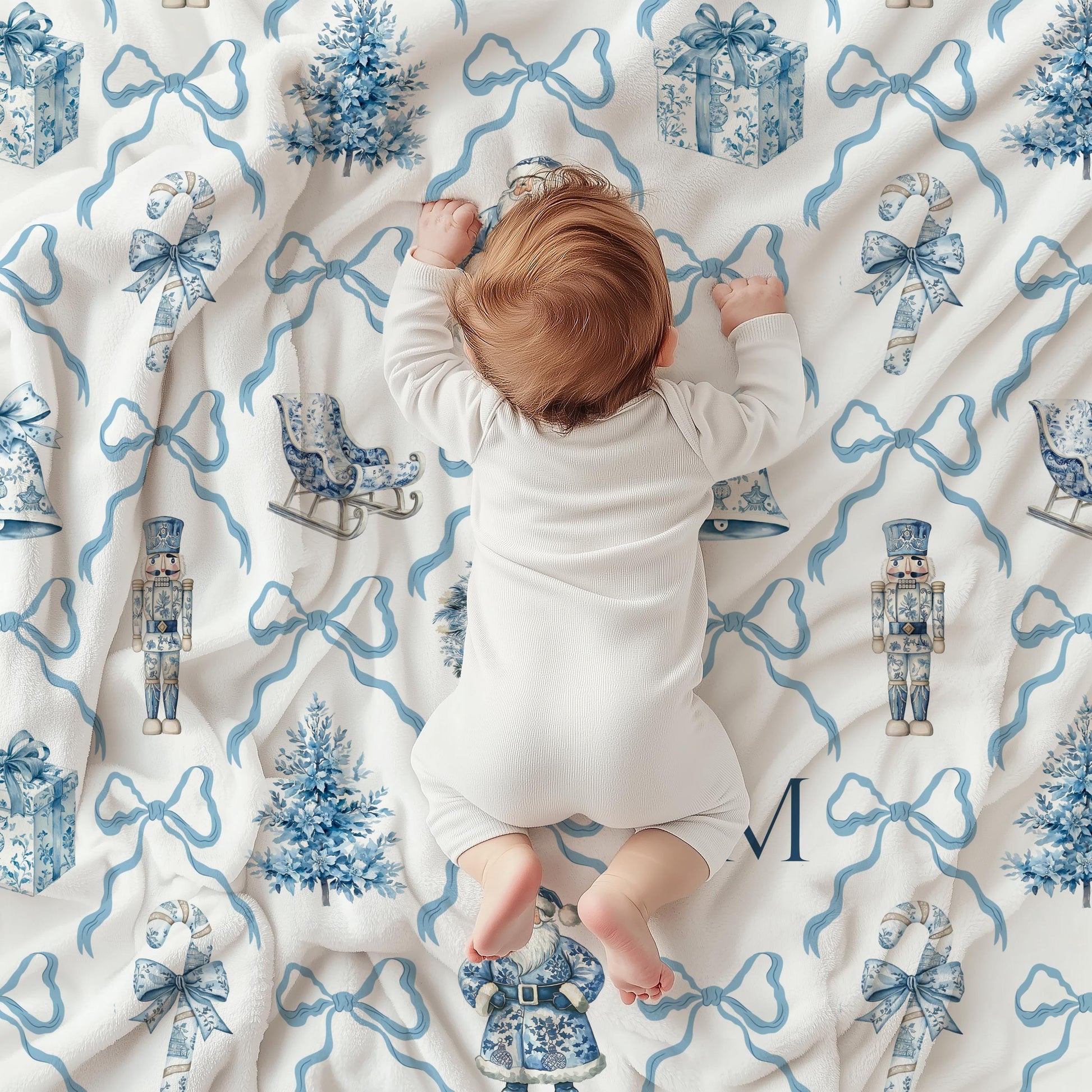 Personalized Blue Christmas Baby Blanket Nutcracker Holiday Minky Blanket for Boy Christmas Gift with Santa Baby Shower Gift with Initials - LAUMIANstudio