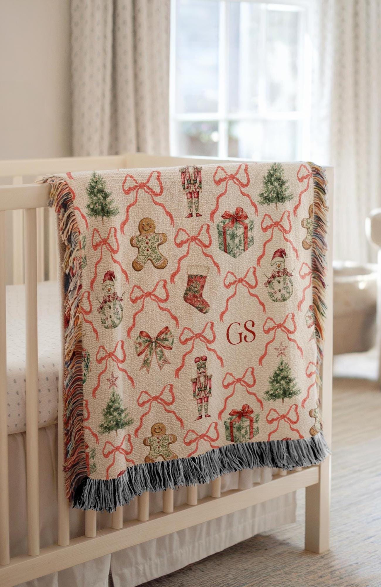 Personalized Christmas Woven Baby Blanket Festive Red Toile Throw Classic Santa Organic Blanket Gingerbread Man Baby Blanket Holiday Theme - LAUMIANstudio