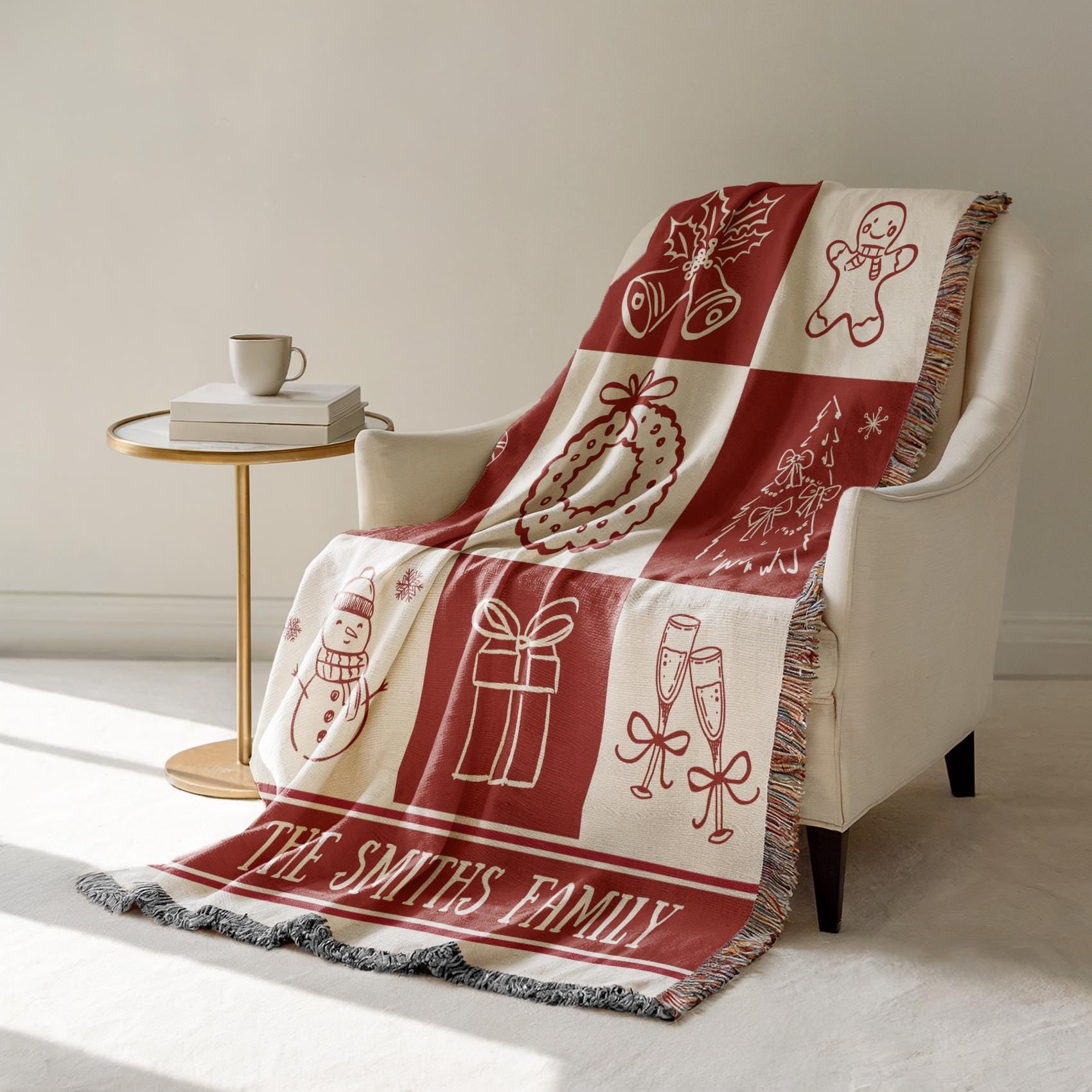 Christmas Red Checkered Woven Blanket with Family Name Holiday Throw Blanket Personalized Family Blanket Vintage Christmas Throw - LAUMIANstudio