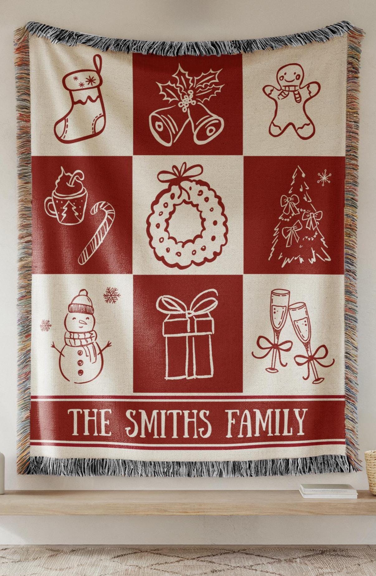 Christmas Red Checkered Woven Blanket with Family Name Holiday Throw Blanket Personalized Family Blanket Vintage Christmas Throw - LAUMIANstudio