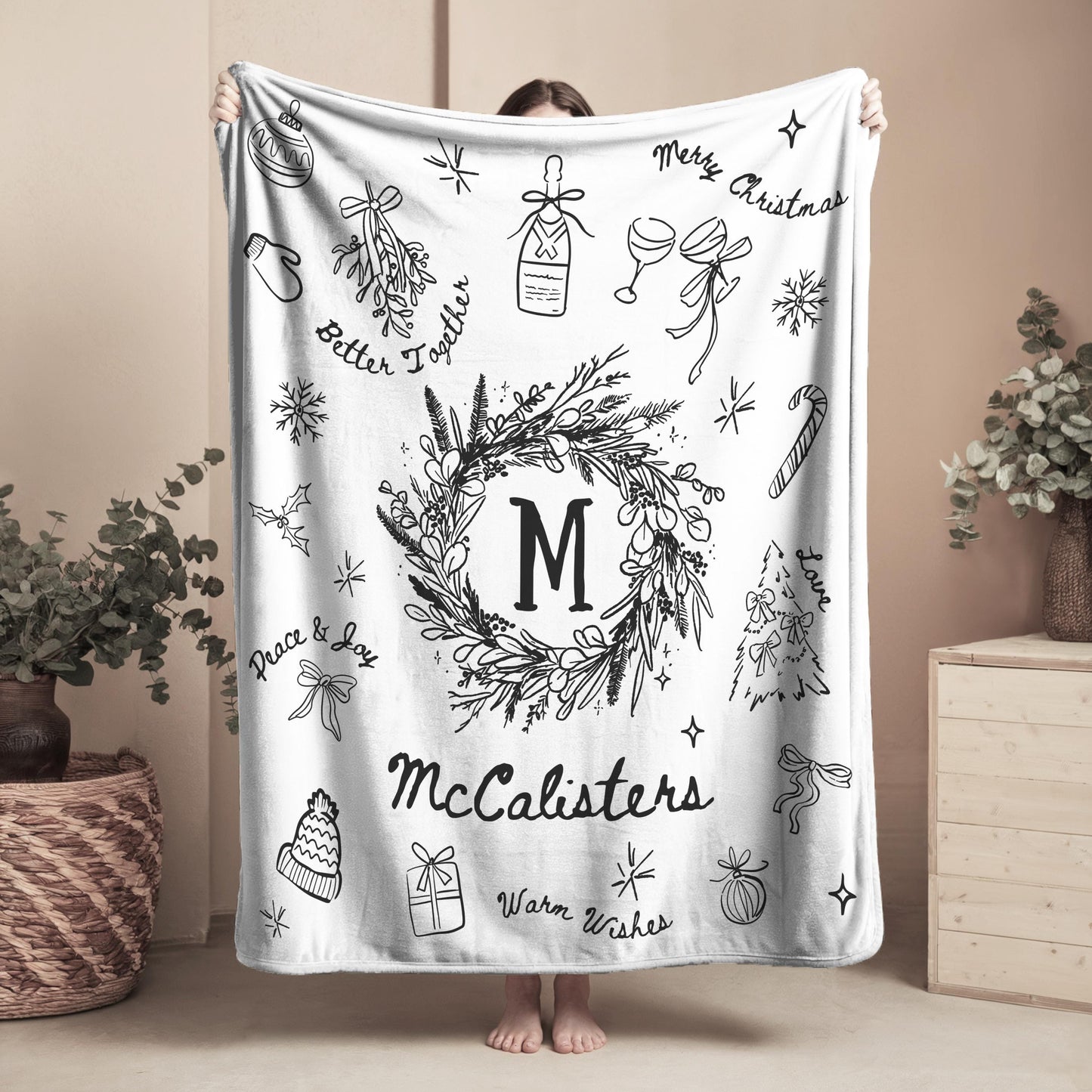 Personalized Family Name Christmas Wreath Blanket Customized Christmas Family Blanket with Last Name for Grandma Christmas Gift Vintage - LAUMIANstudio