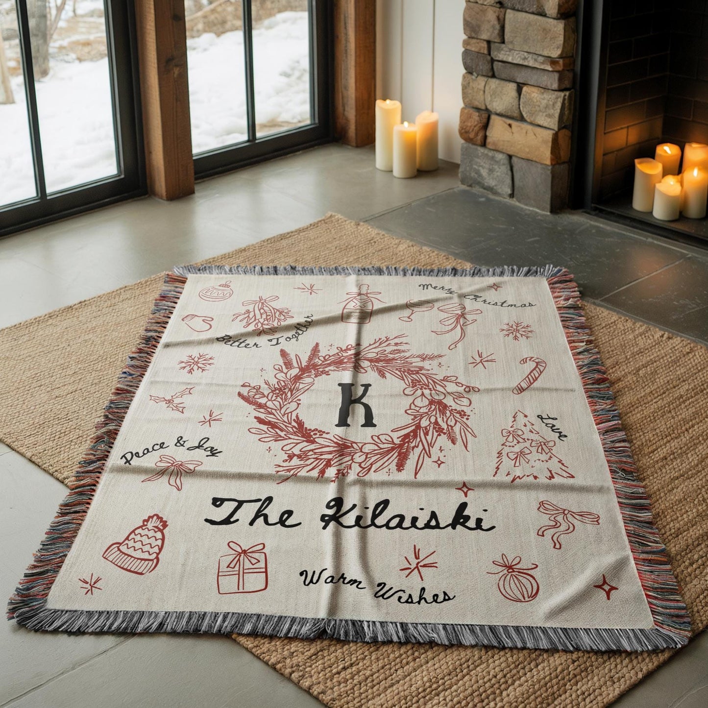 Personalized Family Name Christmas Wreath Blanket Customized Christmas Family Blanket with Last Name for Grandma Christmas Gift Vintage - LAUMIANstudio