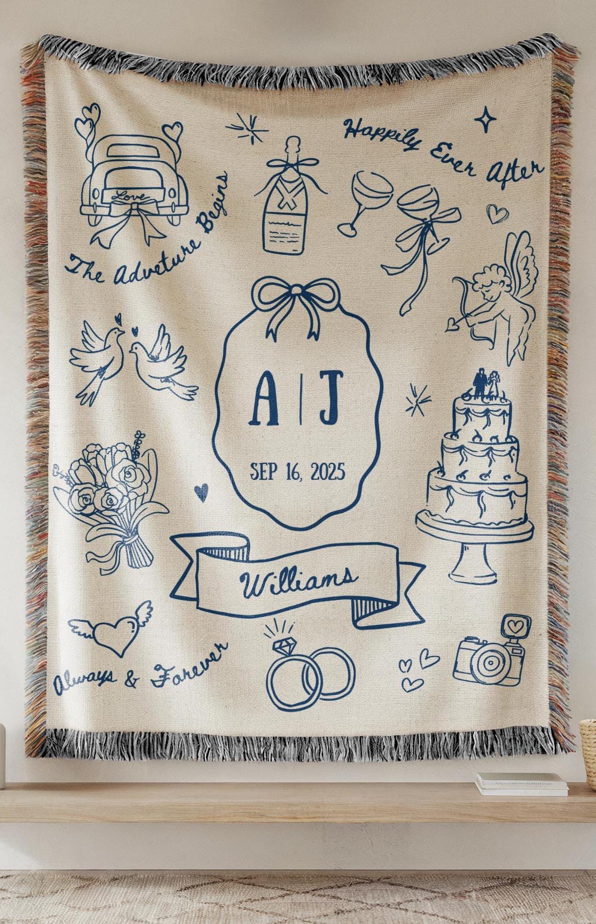 Personalized Wedding Woven Blanket Custom Just Married Retro Woven Throw Blanket Couples Blanket with Names Wedding Gift Bridal Shower Gift - LAUMIANstudio
