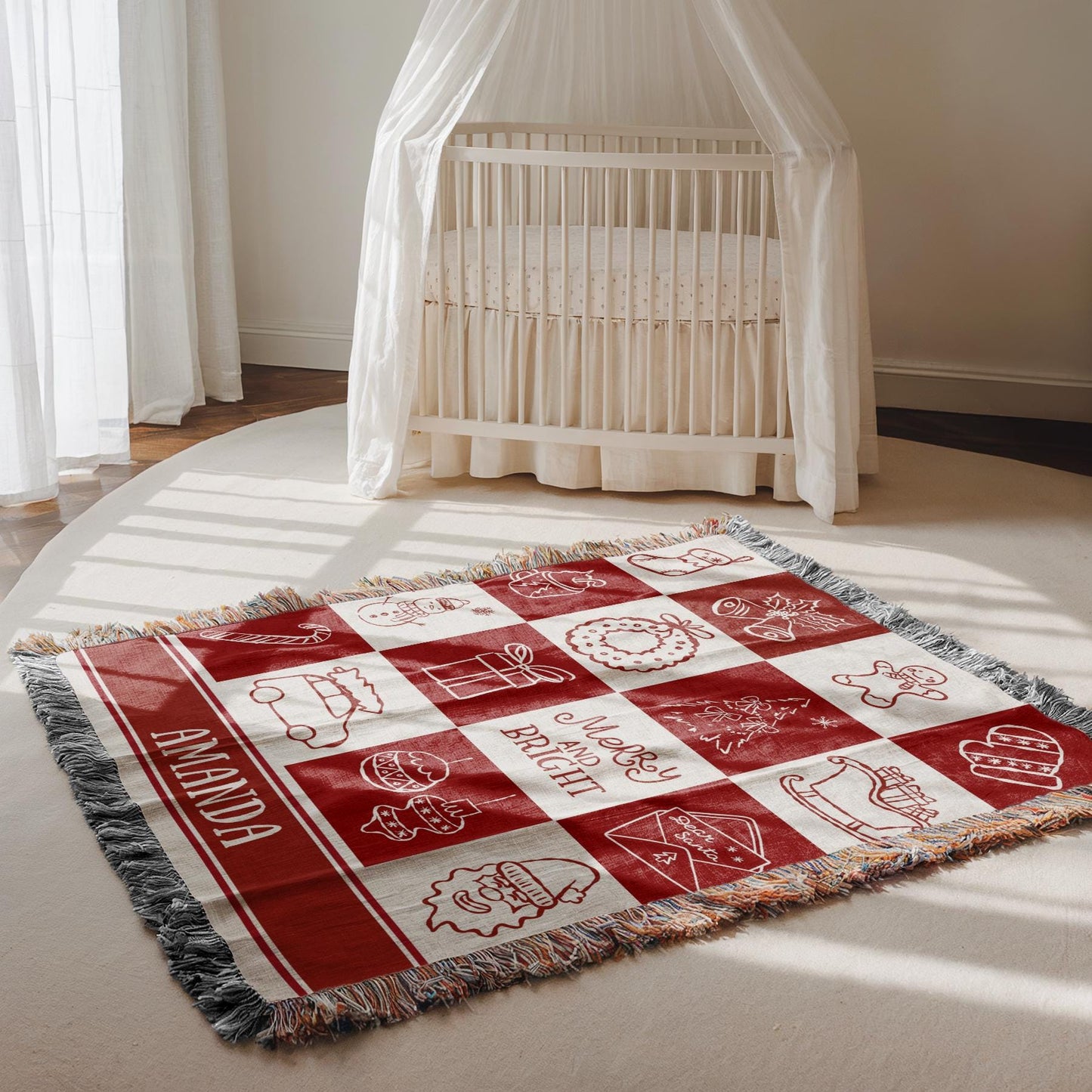 Green Christmas Name Blanket for Kid Holiday Blanket Gift for Grandson Festive Green Checkered Soft Throw Blanket Festive Kids Room Decor - LAUMIANstudio