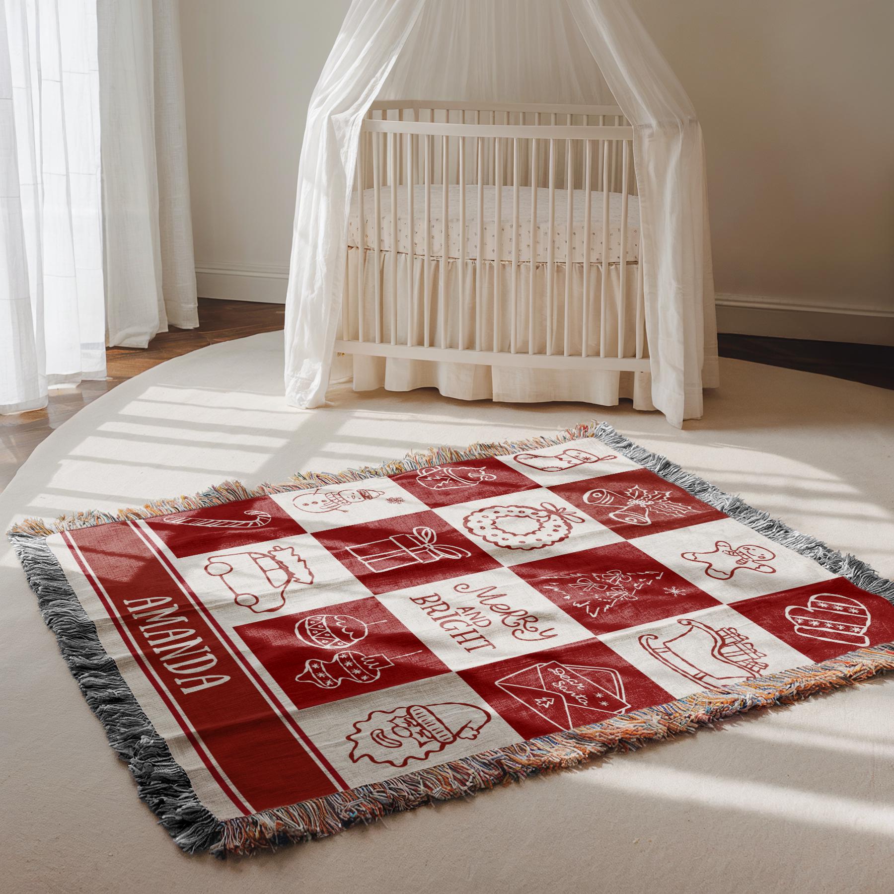 Personalized Christmas Blanket for Baby Holiday Blanket Gift for Kid Festive Red Checkered Woven Throw Blanket with Name - LAUMIANstudio