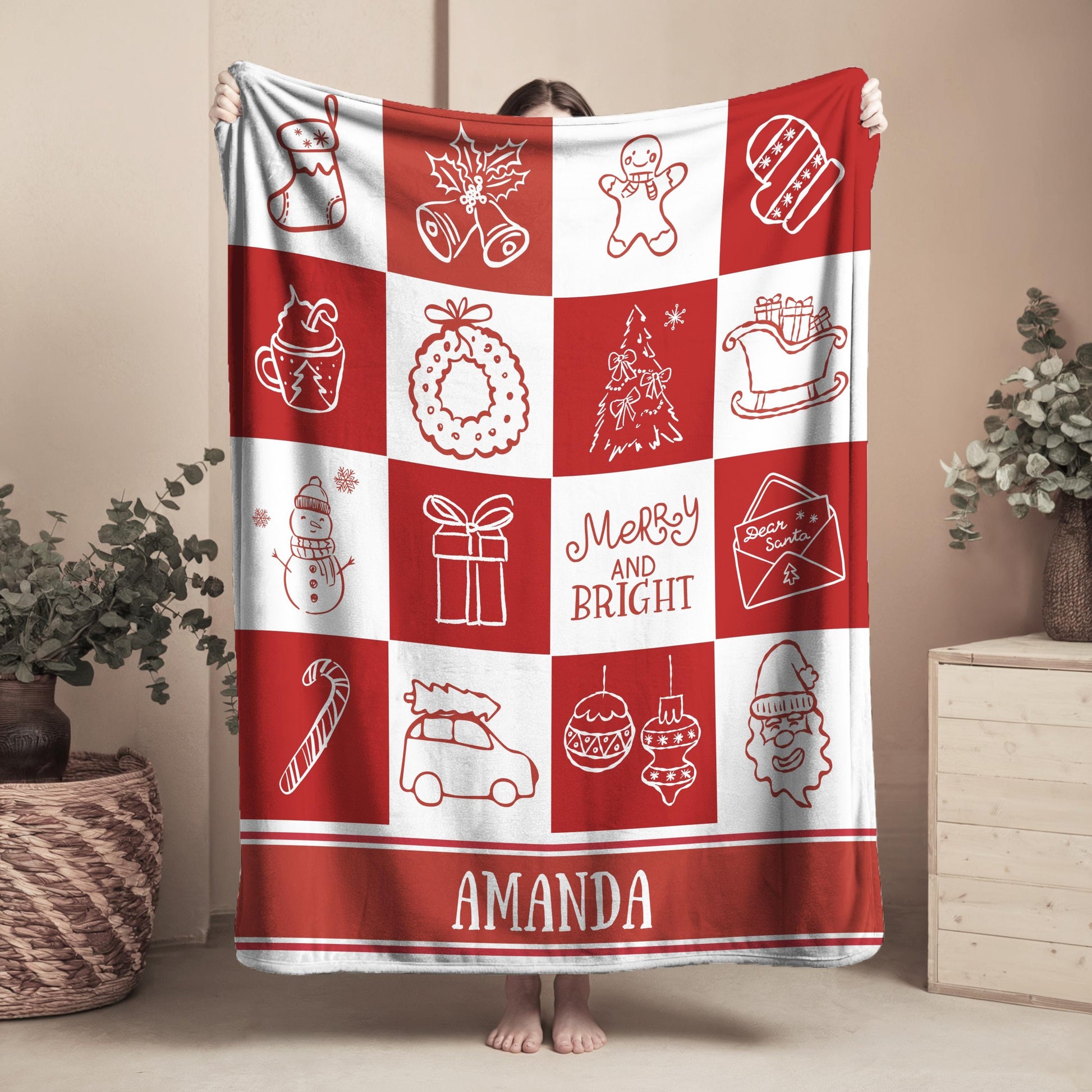 Green Christmas Name Blanket for Kid Holiday Blanket Gift for Grandson Festive Green Checkered Soft Throw Blanket Festive Kids Room Decor - LAUMIANstudio
