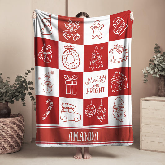 Green Christmas Name Blanket for Kid Holiday Blanket Gift for Grandson Festive Green Checkered Soft Throw Blanket Festive Kids Room Decor - LAUMIANstudio