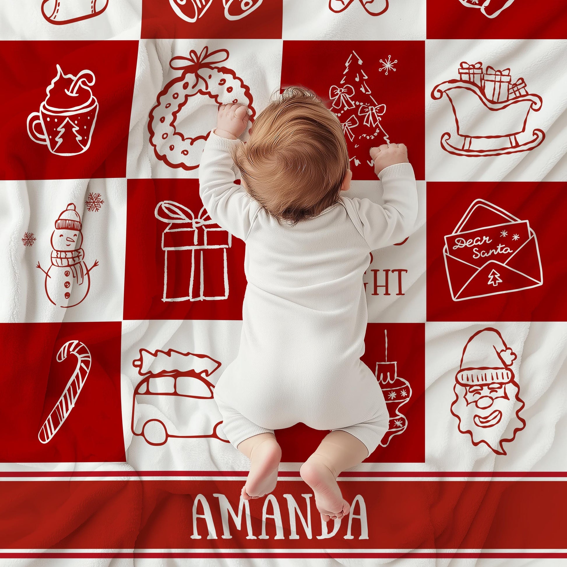 Personalized Christmas Blanket for Baby Holiday Blanket Gift for Kid Festive Red Checkered Woven Throw Blanket with Name - LAUMIANstudio