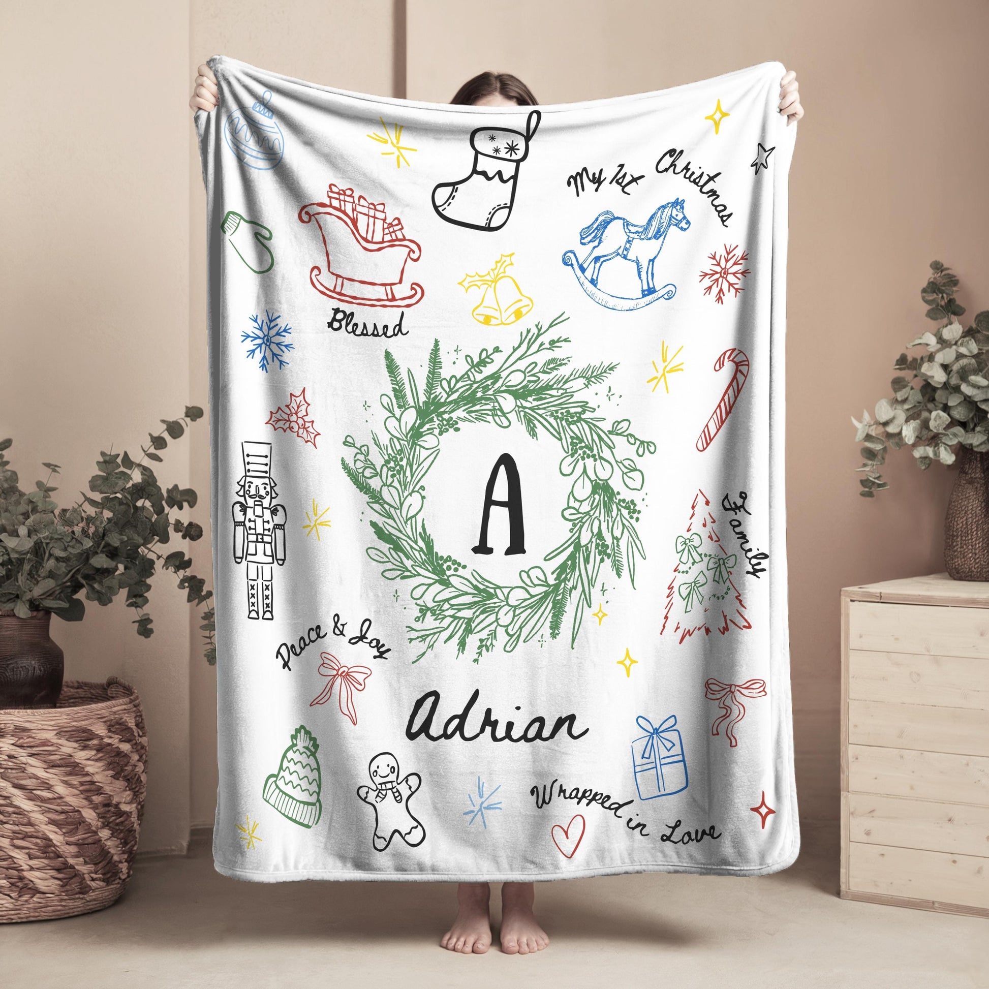 Personalized Christmas Baby Soft Blanket Line Art Graphic Baby Name Holiday Blanket for Newborn 1st Christmas Keepsake from Grandma - LAUMIANstudio