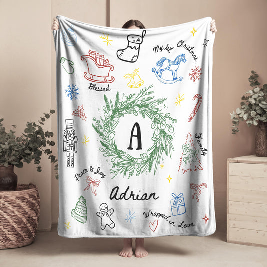 Personalized Christmas Baby Soft Blanket Line Art Graphic Baby Name Holiday Blanket for Newborn 1st Christmas Keepsake from Grandma - LAUMIANstudio