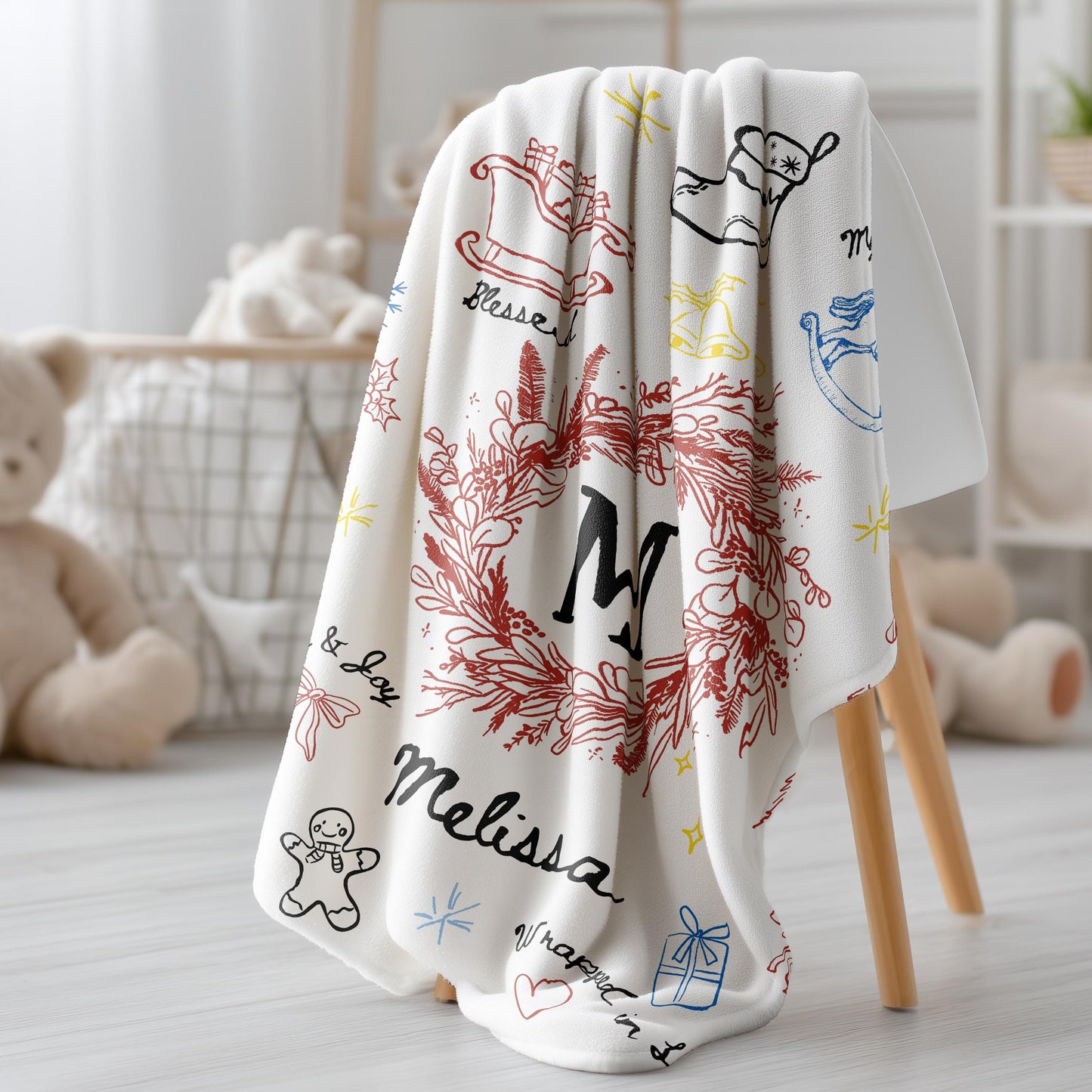 Personalized Christmas Baby Soft Blanket Line Art Graphic Baby Name Holiday Blanket for Newborn 1st Christmas Keepsake from Grandma - LAUMIANstudio