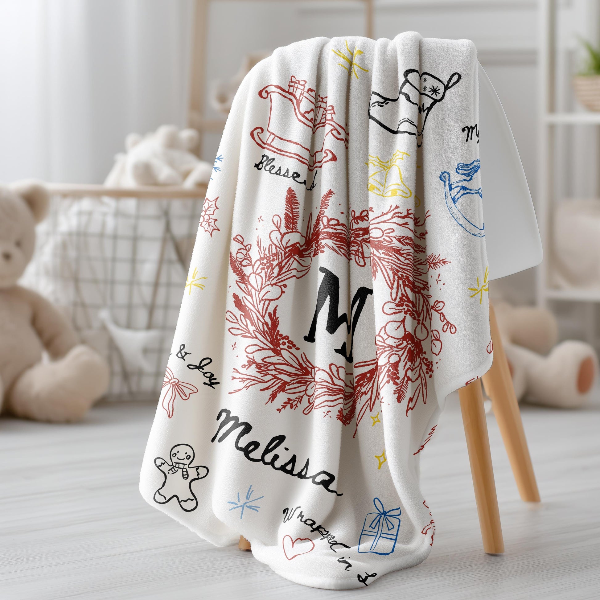 Personalized Christmas Baby Soft Blanket Line Art Graphic Baby Name Holiday Blanket for Newborn 1st Christmas Keepsake from Grandma - LAUMIANstudio