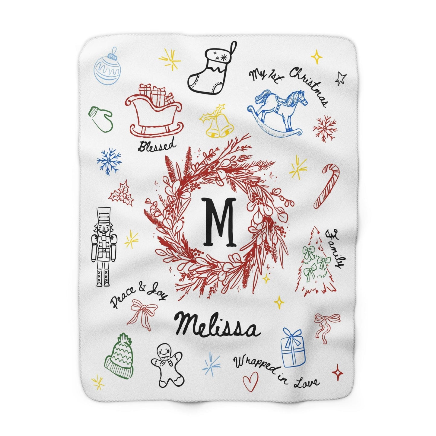 Personalized Christmas Baby Soft Blanket Line Art Graphic Baby Name Holiday Blanket for Newborn 1st Christmas Keepsake from Grandma - LAUMIANstudio