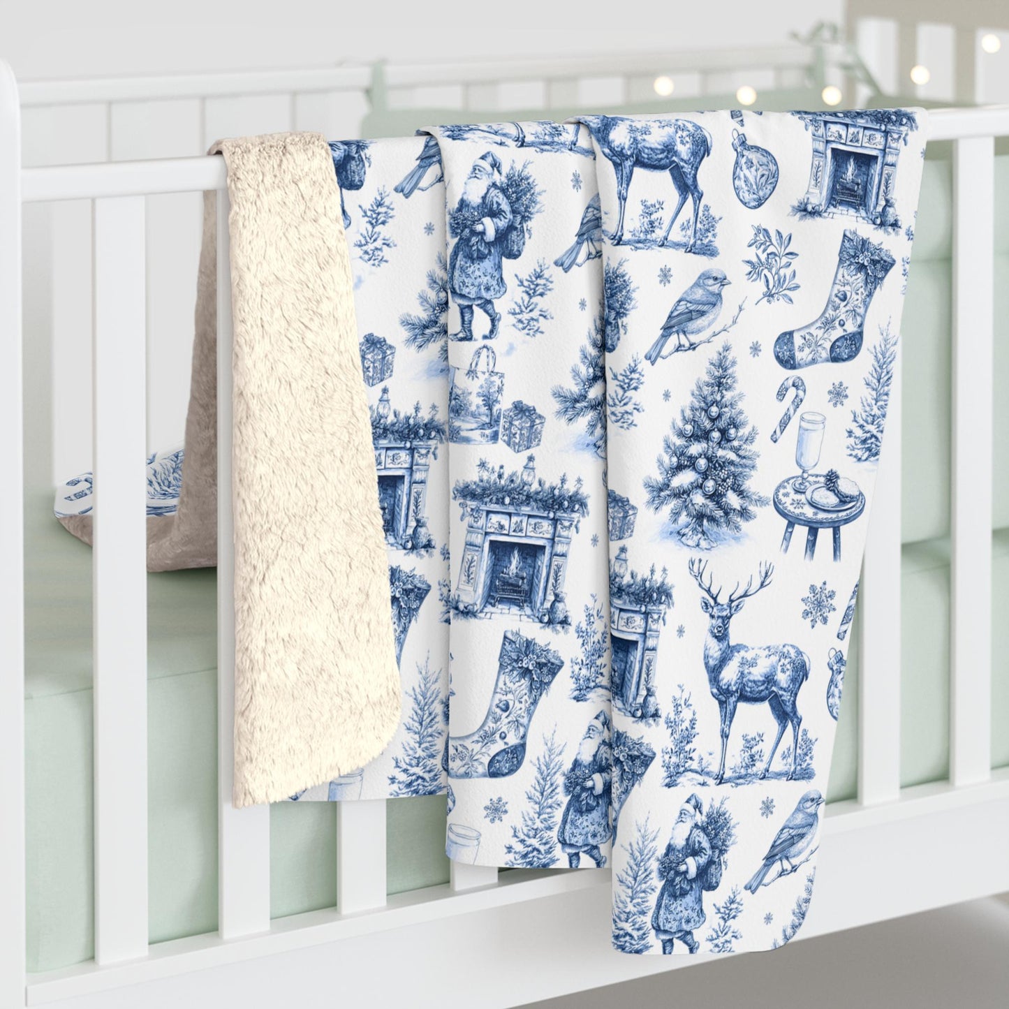 Blue Toile Christmas Blanket Festive Blue Velveteen Plush Blanket Elegant Holiday Sofa Decor Winter Toile de Jouy Throw Blanket - LAUMIANstudio