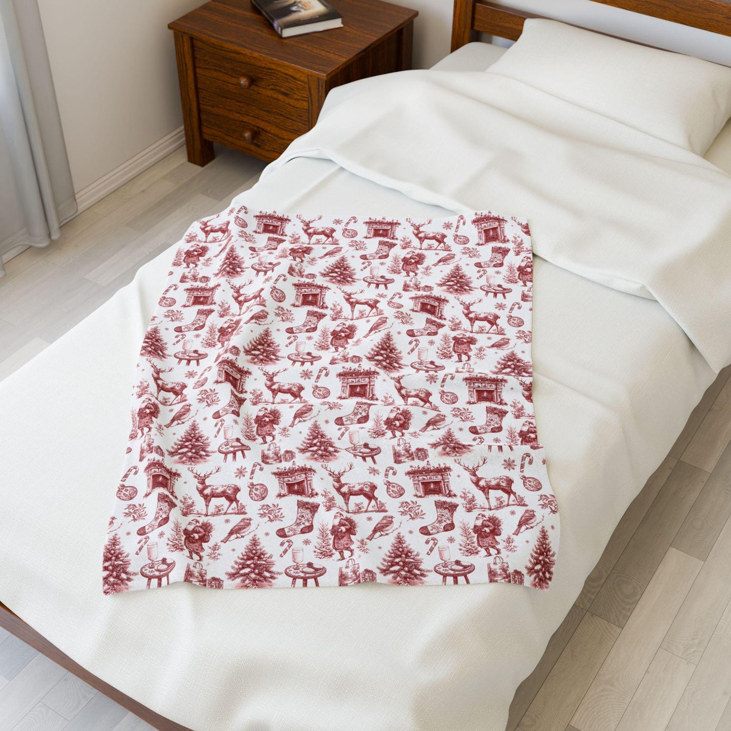 Red Festive Toile Blanket Vintage Christmas Throw Blanket Red Classic Holiday Sherpa Blanket Santa Deer Xmas Velveteen Plush Blanket - LAUMIANstudio