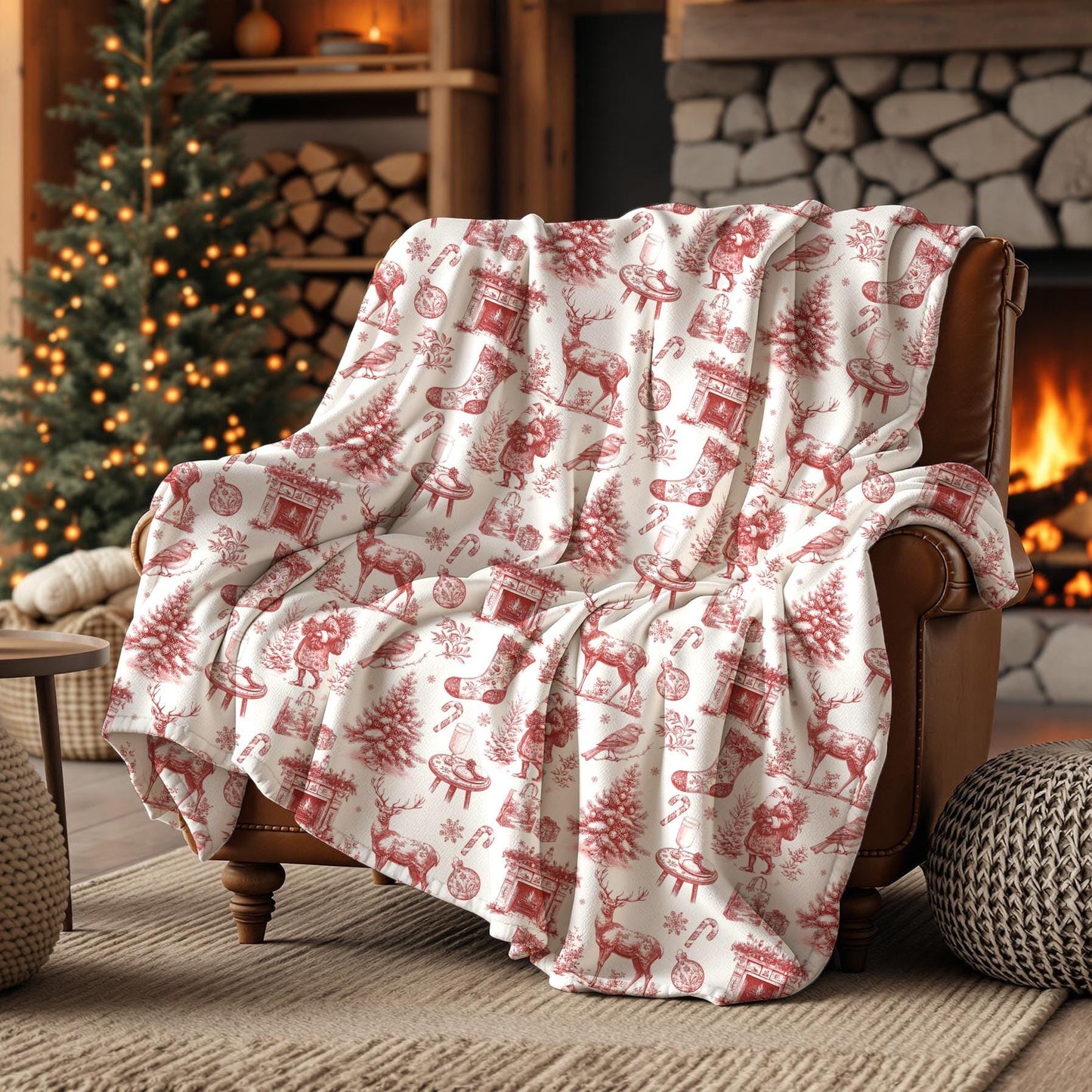 Red Festive Toile Blanket Vintage Christmas Throw Blanket Red Classic Holiday Sherpa Blanket Santa Deer Xmas Velveteen Plush Blanket - LAUMIANstudio