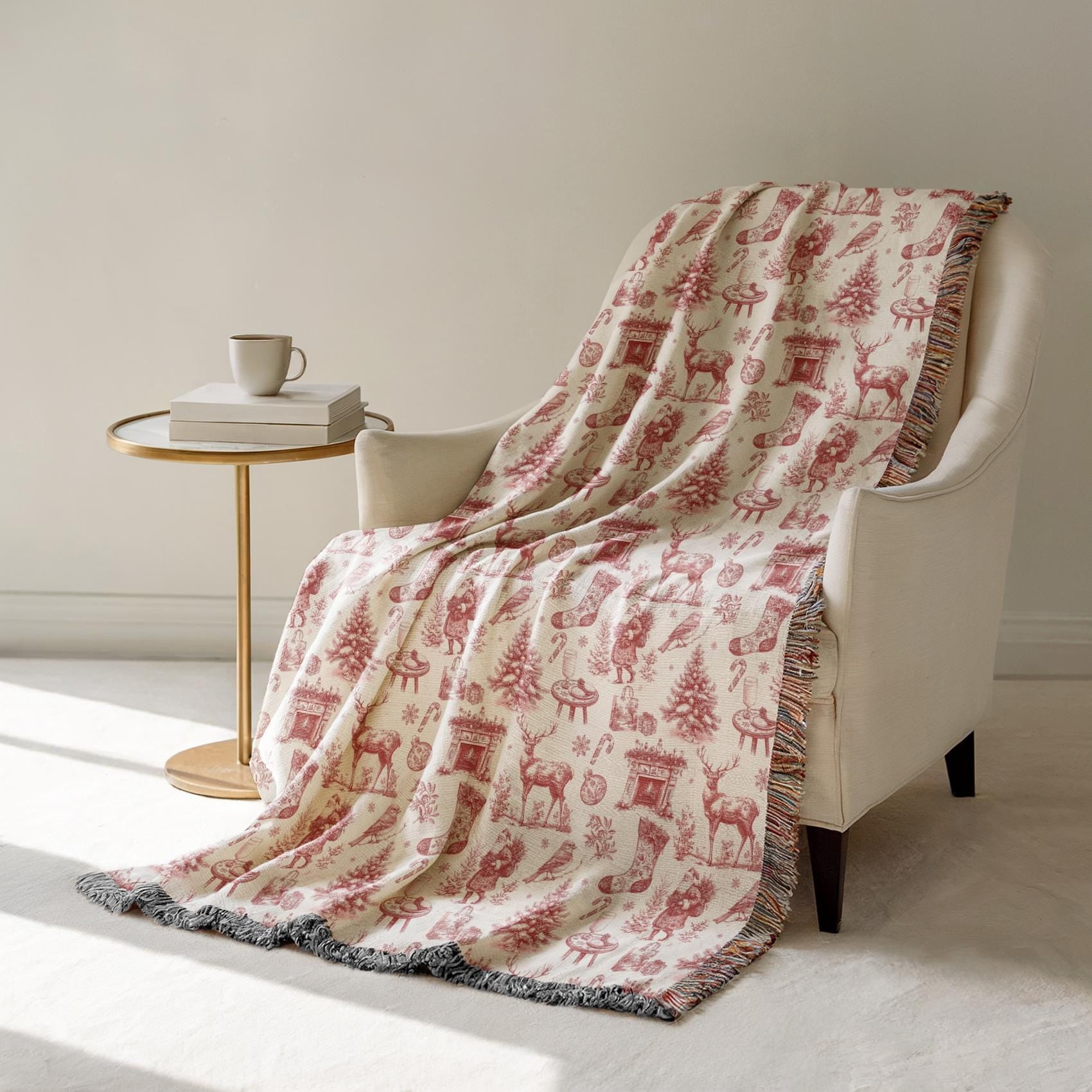Red Festive Toile Blanket Vintage Christmas Throw Blanket Red Classic Holiday Sherpa Blanket Santa Deer Xmas Velveteen Plush Blanket - LAUMIANstudio