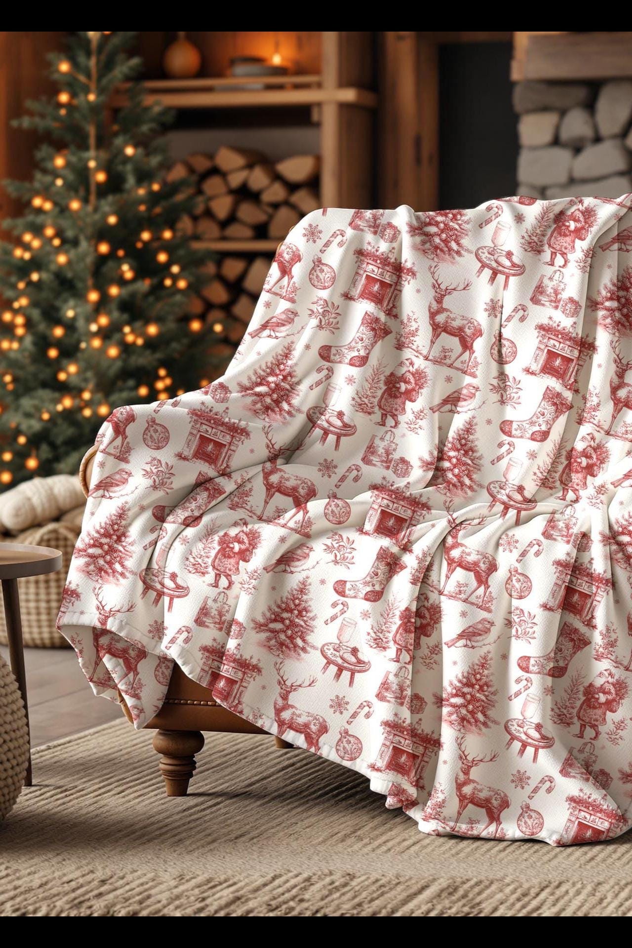 Red Festive Toile Blanket Vintage Christmas Throw Blanket Red Classic Holiday Sherpa Blanket Santa Deer Xmas Velveteen Plush Blanket - LAUMIANstudio