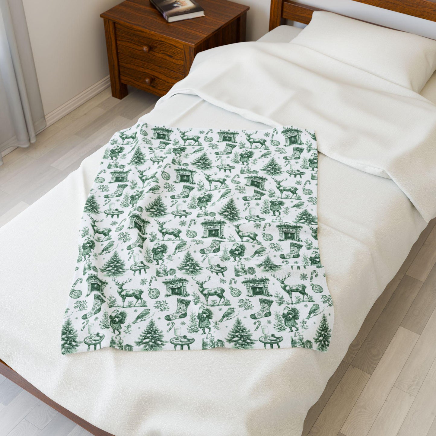 Green Toile Christmas Blanket: Festive Chinoiserie Sherpa Throw Holiday - LAUMIANstudio