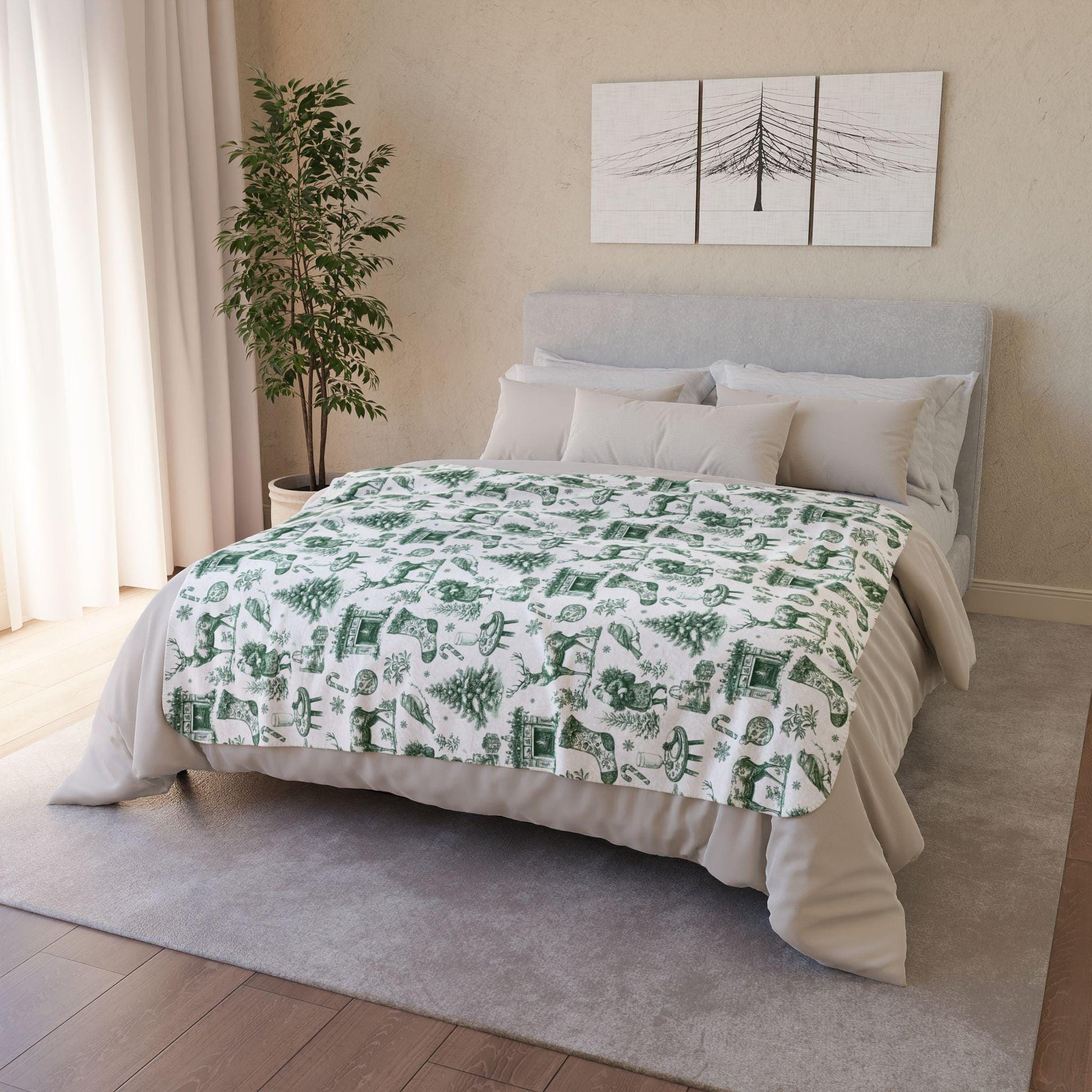 Green Toile Holiday Blanket French Vintage Throw Green Christmas Home Decor Toile de Jouy Woven Blanket - LAUMIANstudio