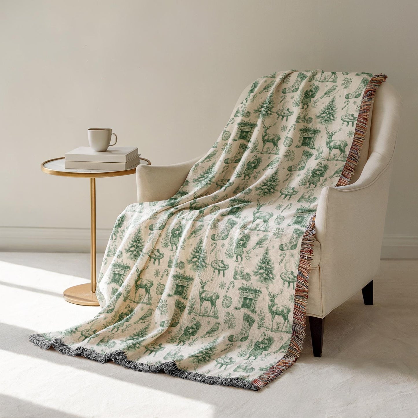 Green Toile Christmas Blanket: Festive Chinoiserie Sherpa Throw Holiday - LAUMIANstudio