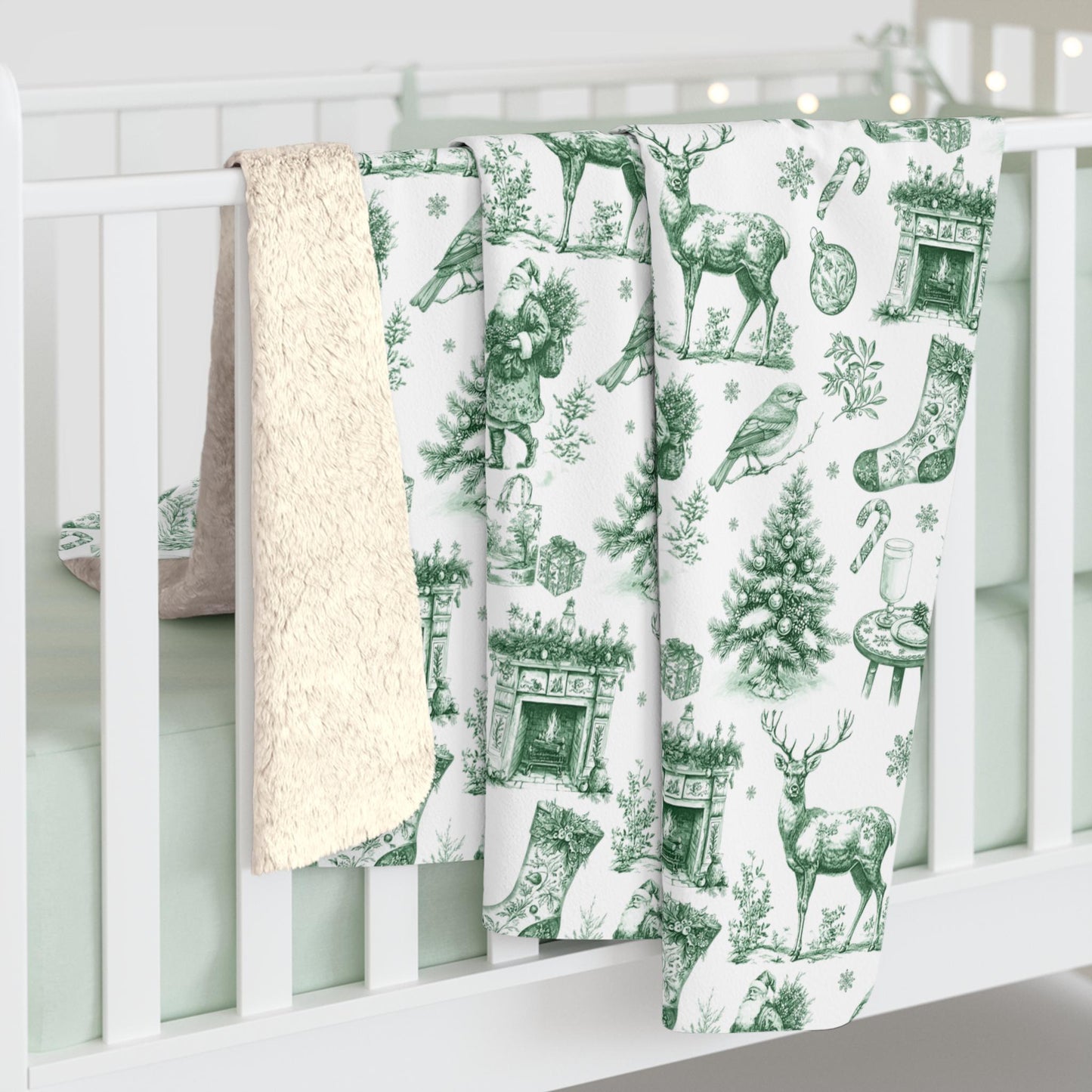 Green Toile Holiday Blanket French Vintage Throw Green Christmas Home Decor Toile de Jouy Woven Blanket - LAUMIANstudio