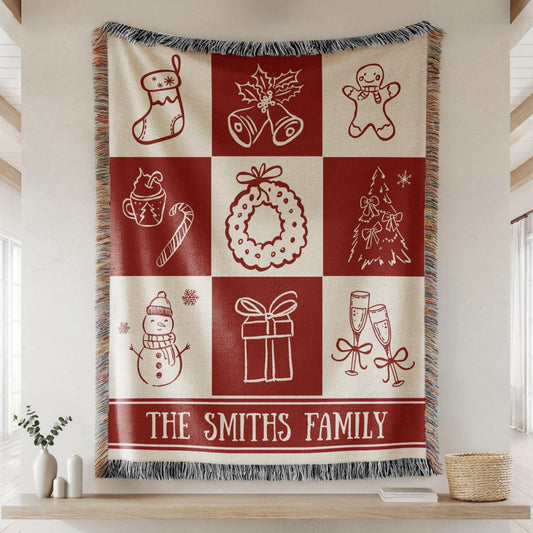Christmas Red Checkered Woven Blanket with Family Name Holiday Throw Blanket Personalized Family Blanket Vintage Christmas Throw - LAUMIANstudio