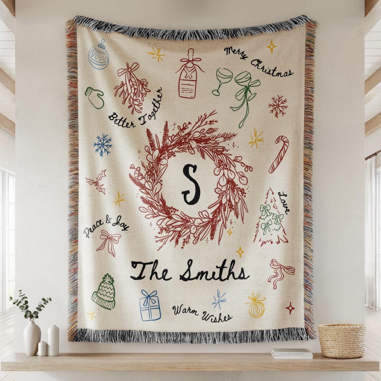Personalized Family Name Christmas Wreath Blanket Customized Christmas Family Blanket with Last Name for Grandma Christmas Gift Vintage - LAUMIANstudio