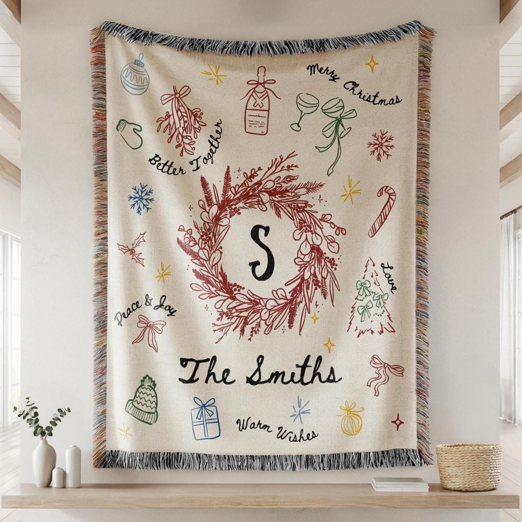 Personalized Family Name Christmas Wreath Blanket Customized Christmas Family Blanket with Last Name for Grandma Christmas Gift Vintage - LAUMIANstudio